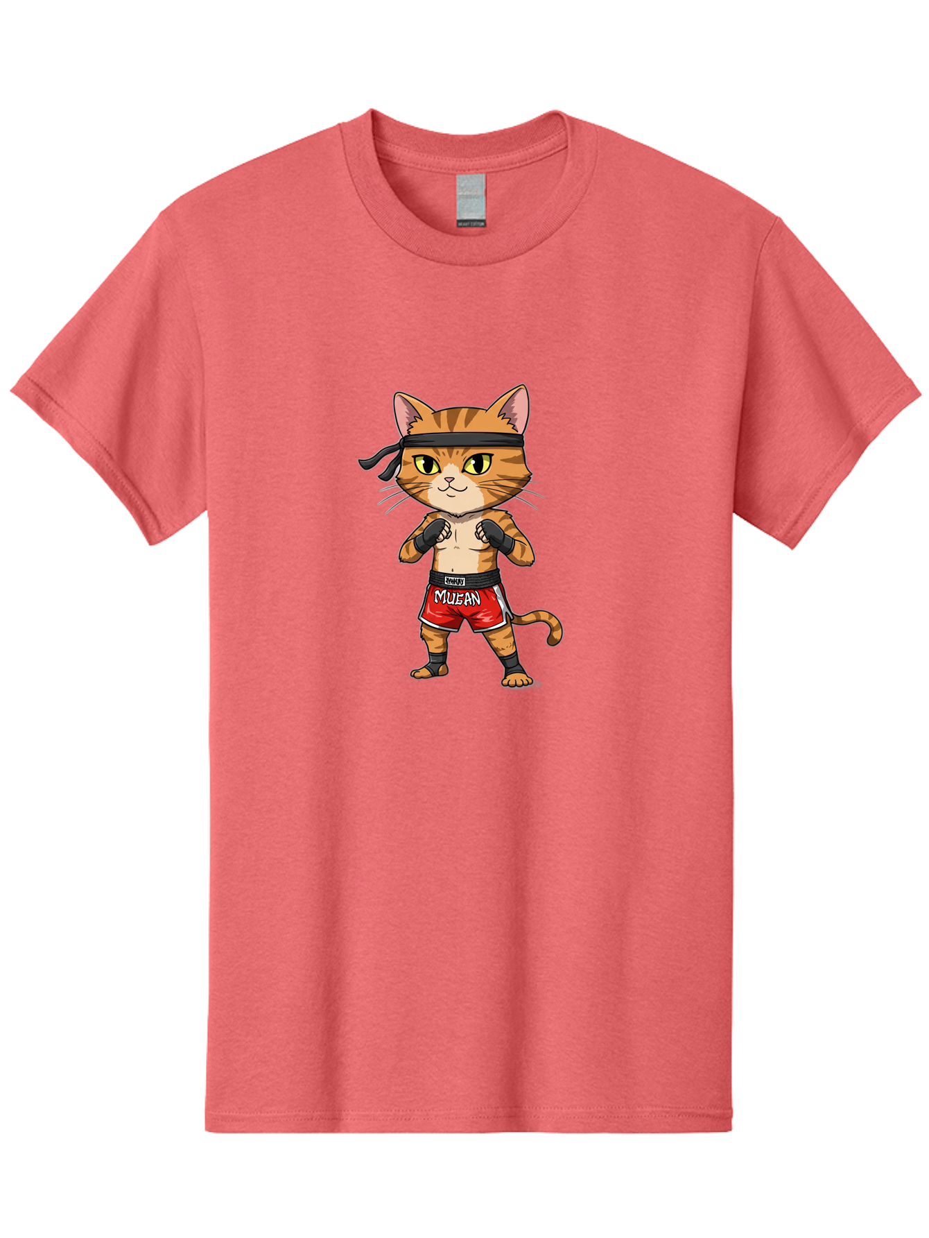 Muay-Thai-Cat-6 Men'S Graphic Tee, 100% Cotton, Comfortable Casual Summer Wear, Machine Washable, Cartoon Cat, Muay Thai Fighter, Red Shorts, Black Headband, Boxing Gloves, Combat Sports, Martial Arts, Cute Animal, Fighting Stance, Bae555