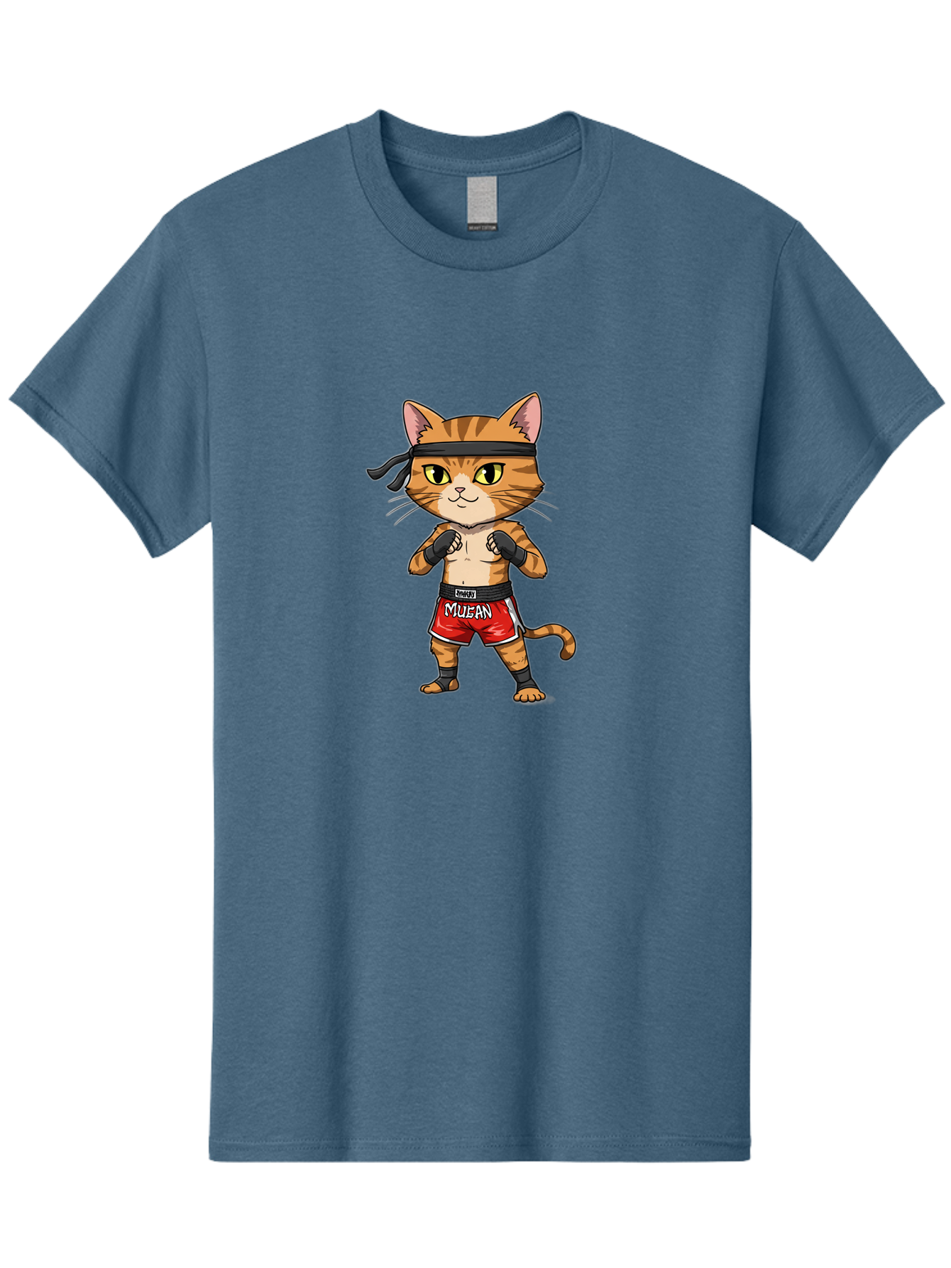 Muay-Thai-Cat-6 Men'S Graphic Tee, 100% Cotton, Comfortable Casual Summer Wear, Machine Washable, Cartoon Cat, Muay Thai Fighter, Red Shorts, Black Headband, Boxing Gloves, Combat Sports, Martial Arts, Cute Animal, Fighting Stance, Bae555