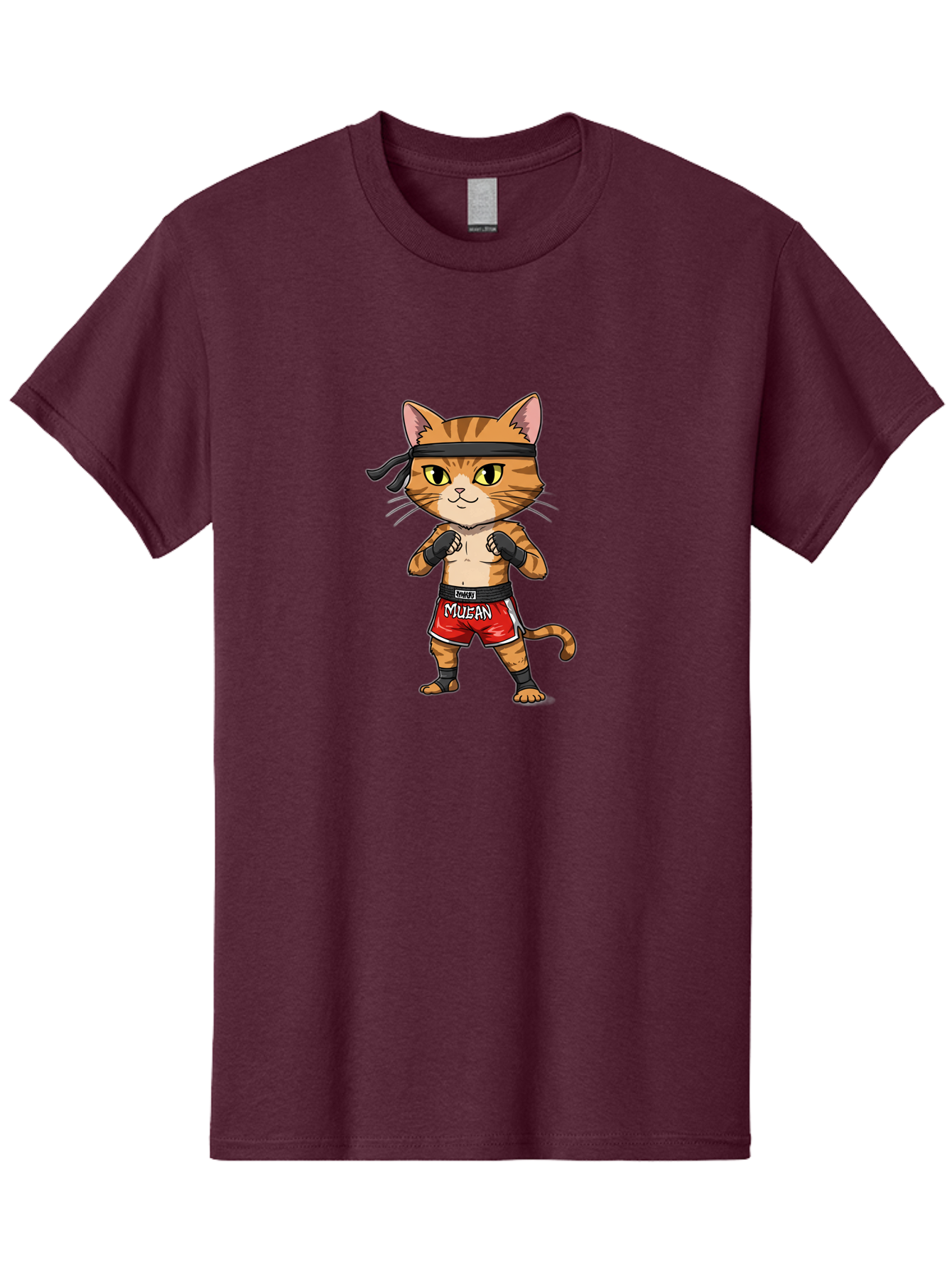 Muay-Thai-Cat-6 Men'S Graphic Tee, 100% Cotton, Comfortable Casual Summer Wear, Machine Washable, Cartoon Cat, Muay Thai Fighter, Red Shorts, Black Headband, Boxing Gloves, Combat Sports, Martial Arts, Cute Animal, Fighting Stance, Bae555