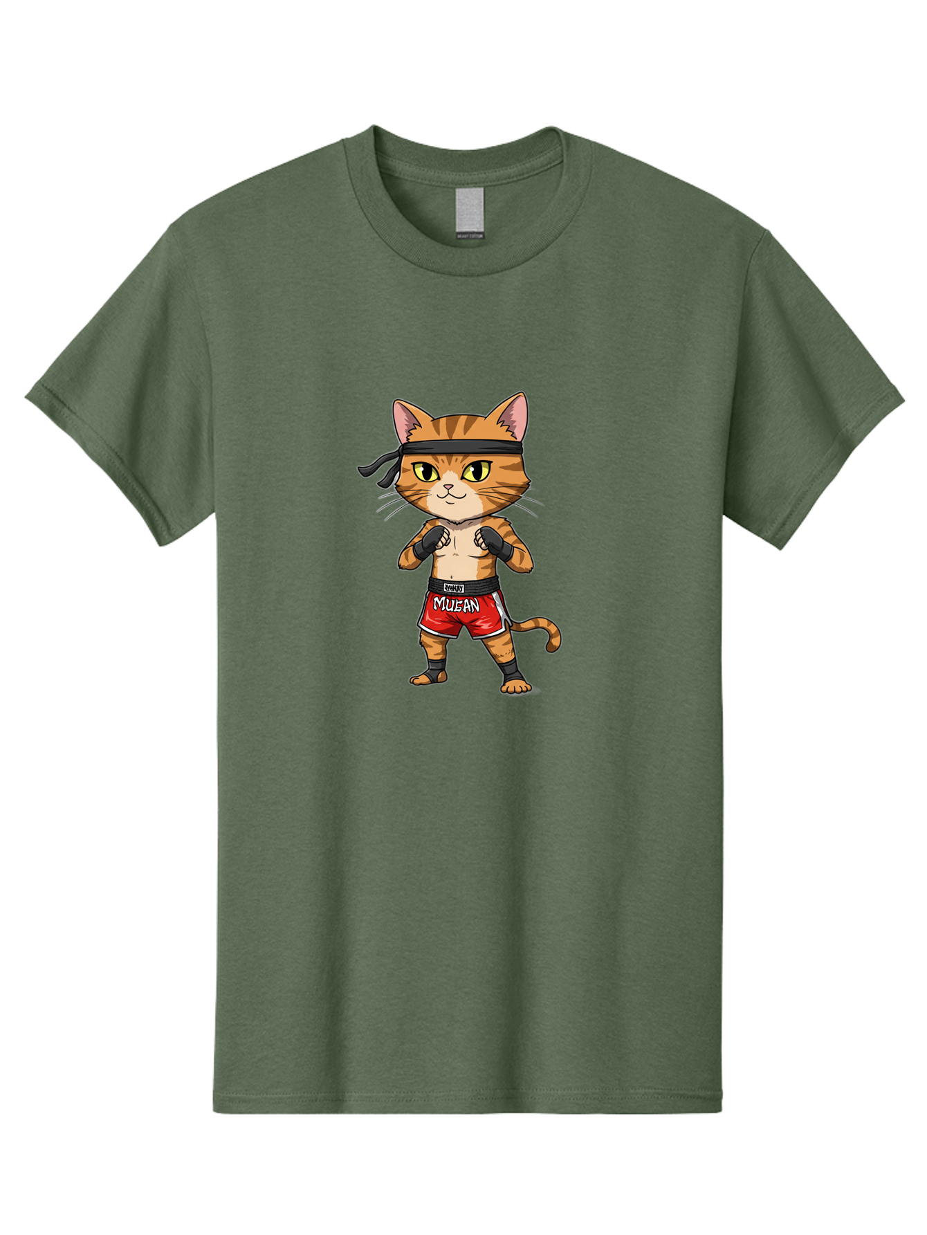Muay-Thai-Cat-6 Men'S Graphic Tee, 100% Cotton, Comfortable Casual Summer Wear, Machine Washable, Cartoon Cat, Muay Thai Fighter, Red Shorts, Black Headband, Boxing Gloves, Combat Sports, Martial Arts, Cute Animal, Fighting Stance, Bae555