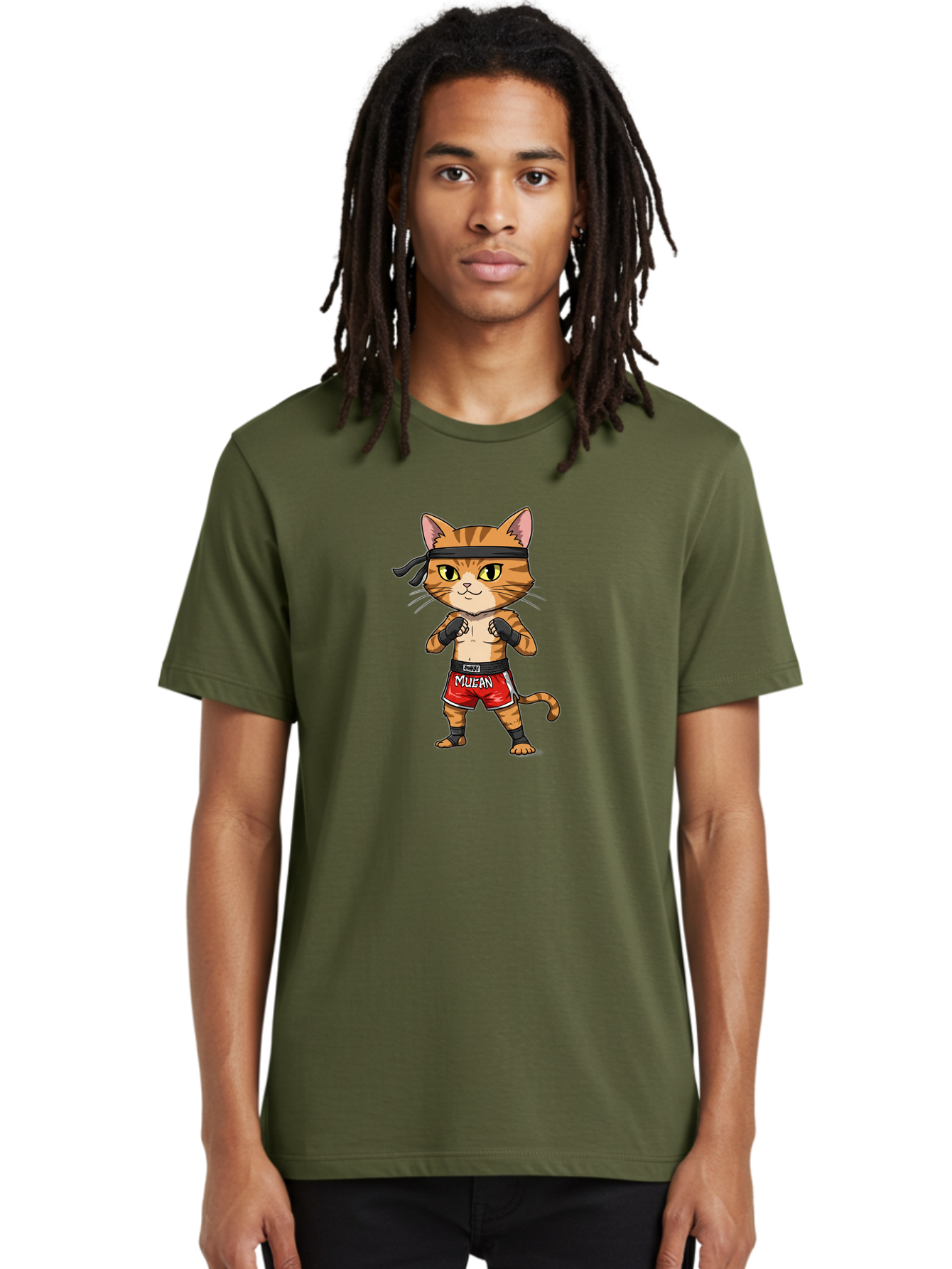 Muay-Thai-Cat-6 Men'S Graphic Tee, 100% Cotton, Comfortable Casual Summer Wear, Machine Washable, Cartoon Cat, Muay Thai Fighter, Red Shorts, Black Headband, Boxing Gloves, Combat Sports, Martial Arts, Cute Animal, Fighting Stance, Bae555
