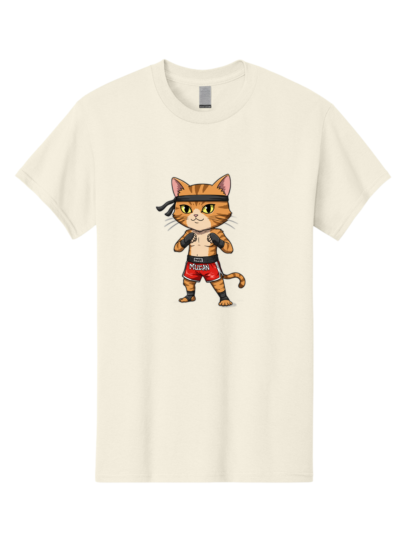 Muay-Thai-Cat-6 Men'S Graphic Tee, 100% Cotton, Comfortable Casual Summer Wear, Machine Washable, Cartoon Cat, Muay Thai Fighter, Red Shorts, Black Headband, Boxing Gloves, Combat Sports, Martial Arts, Cute Animal, Fighting Stance, Bae555