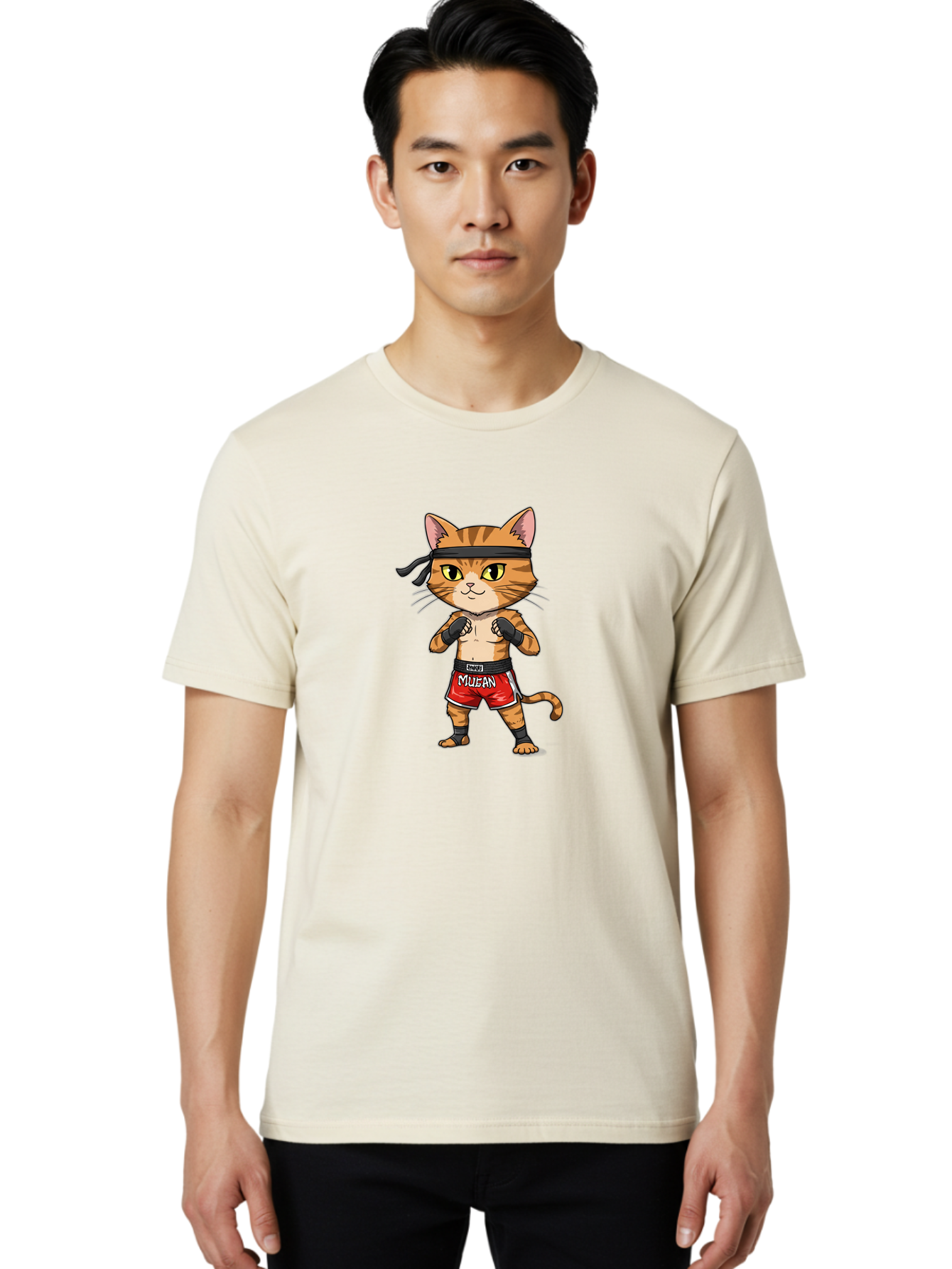 Muay-Thai-Cat-6 Men'S Graphic Tee, 100% Cotton, Comfortable Casual Summer Wear, Machine Washable, Cartoon Cat, Muay Thai Fighter, Red Shorts, Black Headband, Boxing Gloves, Combat Sports, Martial Arts, Cute Animal, Fighting Stance, Bae555