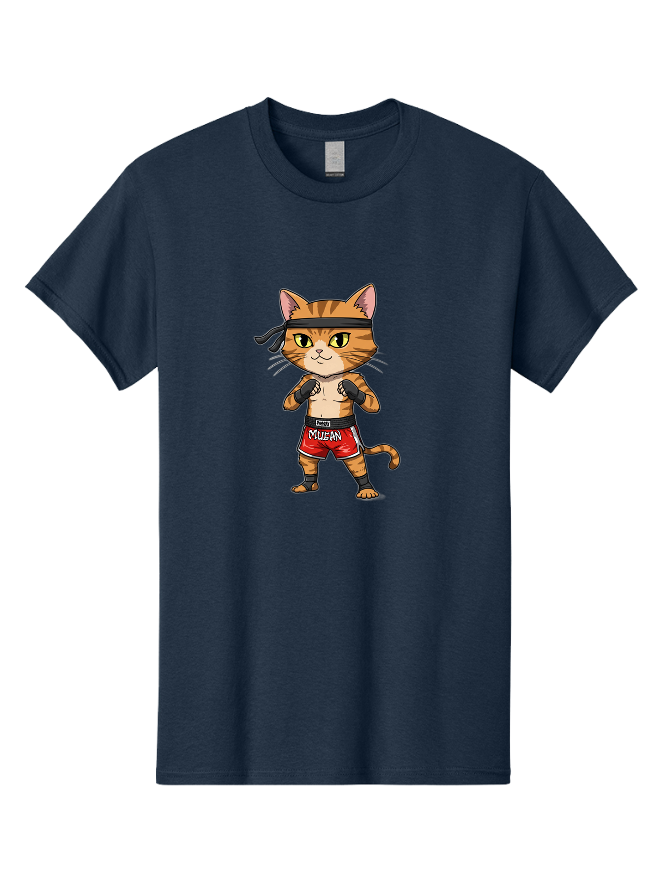 Muay-Thai-Cat-6 Men'S Graphic Tee, 100% Cotton, Comfortable Casual Summer Wear, Machine Washable, Cartoon Cat, Muay Thai Fighter, Red Shorts, Black Headband, Boxing Gloves, Combat Sports, Martial Arts, Cute Animal, Fighting Stance, Bae555