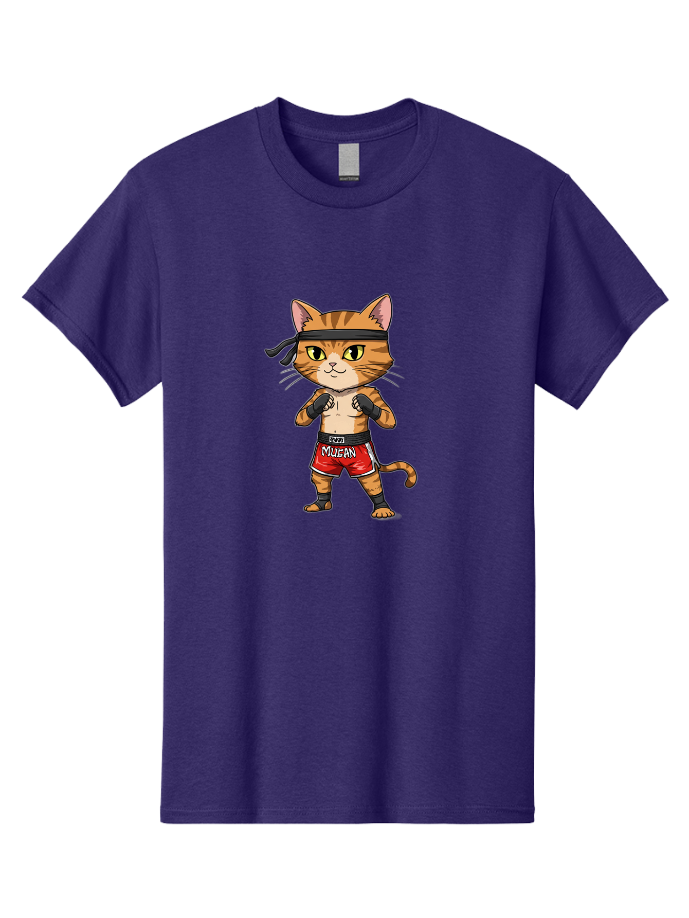 Muay-Thai-Cat-6 Men'S Graphic Tee, 100% Cotton, Comfortable Casual Summer Wear, Machine Washable, Cartoon Cat, Muay Thai Fighter, Red Shorts, Black Headband, Boxing Gloves, Combat Sports, Martial Arts, Cute Animal, Fighting Stance, Bae555