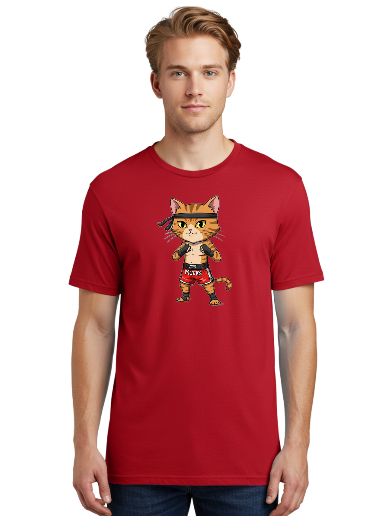 Muay-Thai-Cat-6 Men'S Graphic Tee, 100% Cotton, Comfortable Casual Summer Wear, Machine Washable, Cartoon Cat, Muay Thai Fighter, Red Shorts, Black Headband, Boxing Gloves, Combat Sports, Martial Arts, Cute Animal, Fighting Stance, Bae555