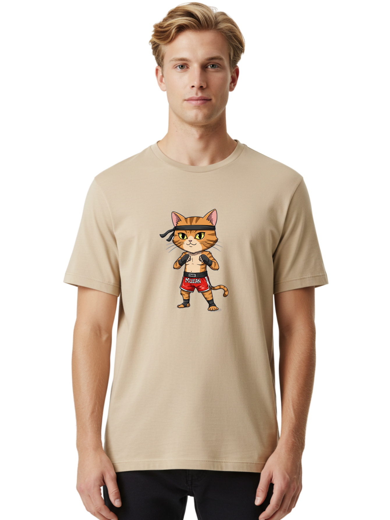 Muay-Thai-Cat-6 Men'S Graphic Tee, 100% Cotton, Comfortable Casual Summer Wear, Machine Washable, Cartoon Cat, Muay Thai Fighter, Red Shorts, Black Headband, Boxing Gloves, Combat Sports, Martial Arts, Cute Animal, Fighting Stance, Bae555
