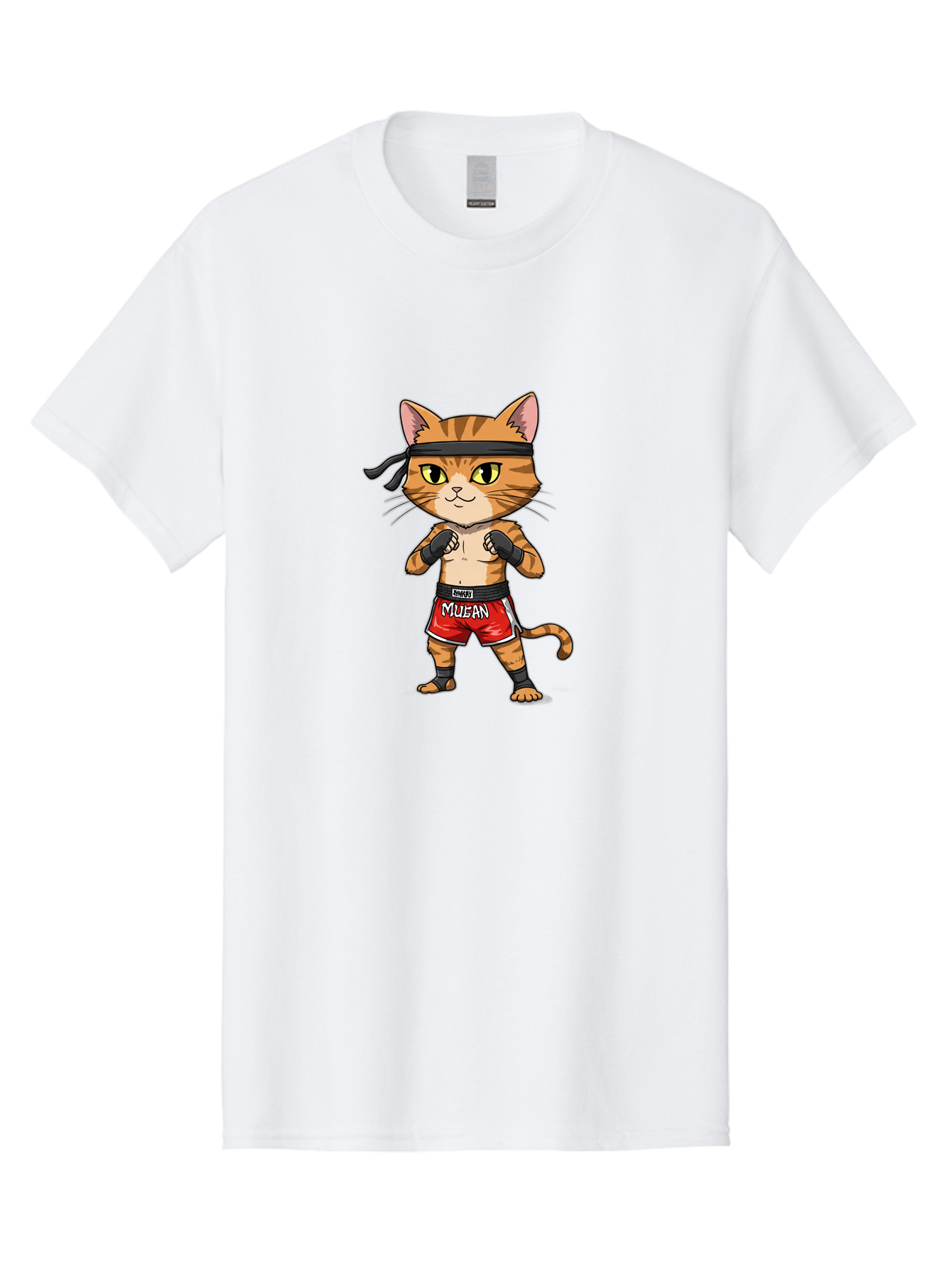 Muay-Thai-Cat-6 Men'S Graphic Tee, 100% Cotton, Comfortable Casual Summer Wear, Machine Washable, Cartoon Cat, Muay Thai Fighter, Red Shorts, Black Headband, Boxing Gloves, Combat Sports, Martial Arts, Cute Animal, Fighting Stance, Bae555
