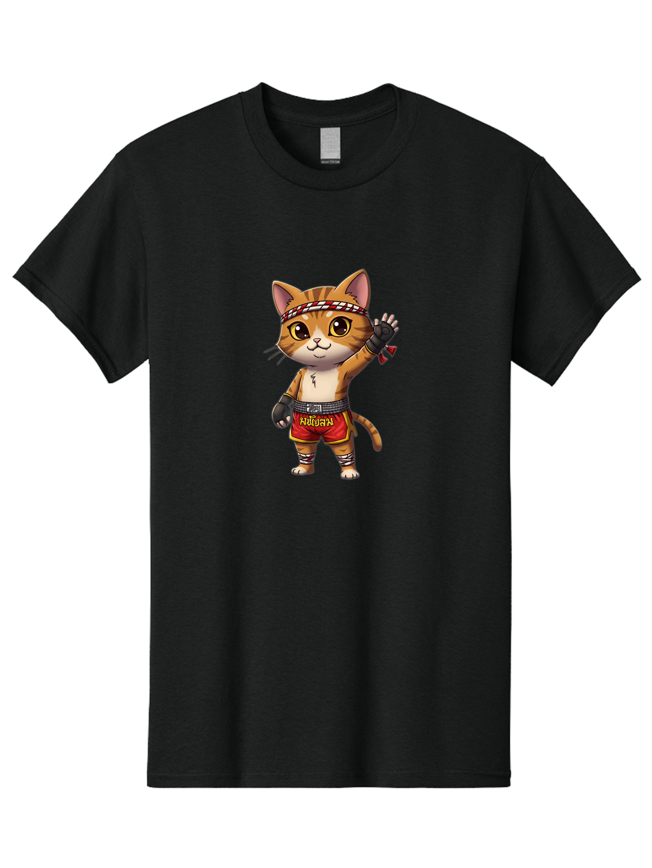 Muay-Thai-Cat-7 Men'S Graphic Tee, 100% Cotton, Comfortable Casual Summer Wear, Machine Washable, Cartoon Cat, Muay Thai Fighter, Martial Arts, Red Shorts, Black Gloves, Headband, Muay Thai, Fighting Cat, Kawaii, Anime Style, Bae556