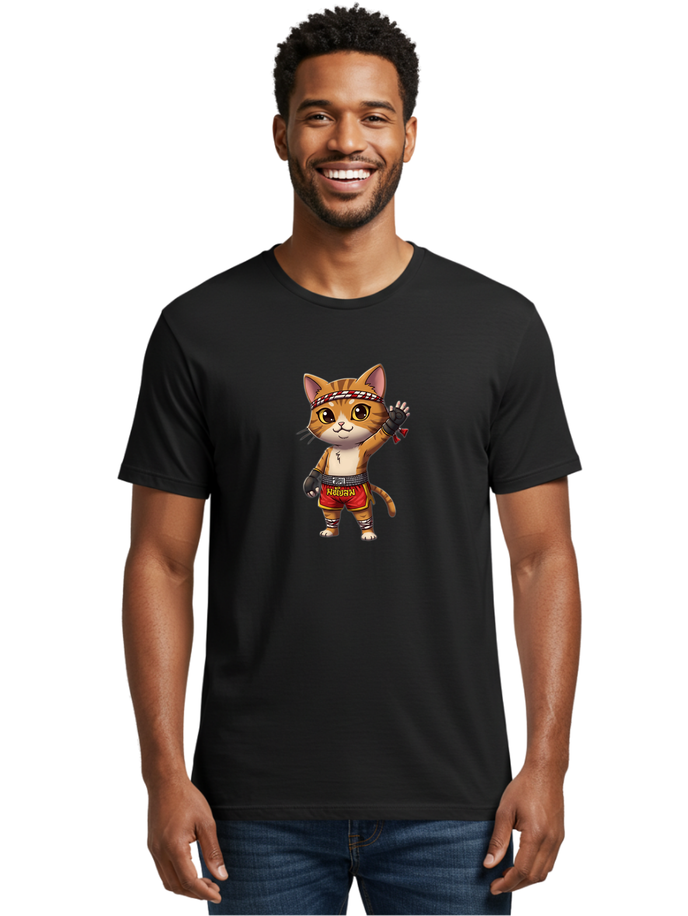 Muay-Thai-Cat-7 Men'S Graphic Tee, 100% Cotton, Comfortable Casual Summer Wear, Machine Washable, Cartoon Cat, Muay Thai Fighter, Martial Arts, Red Shorts, Black Gloves, Headband, Muay Thai, Fighting Cat, Kawaii, Anime Style, Bae556