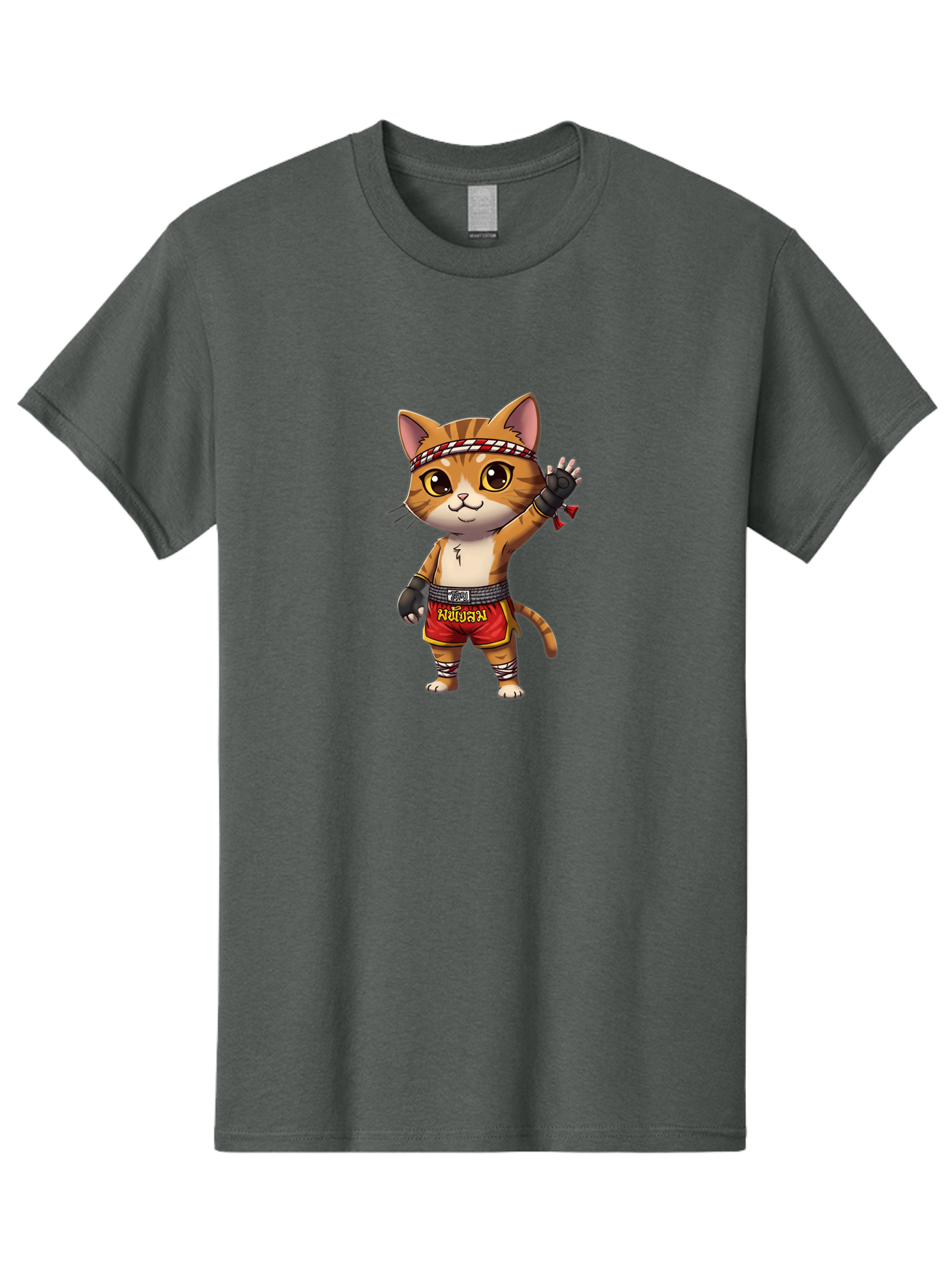 Muay-Thai-Cat-7 Men'S Graphic Tee, 100% Cotton, Comfortable Casual Summer Wear, Machine Washable, Cartoon Cat, Muay Thai Fighter, Martial Arts, Red Shorts, Black Gloves, Headband, Muay Thai, Fighting Cat, Kawaii, Anime Style, Bae556