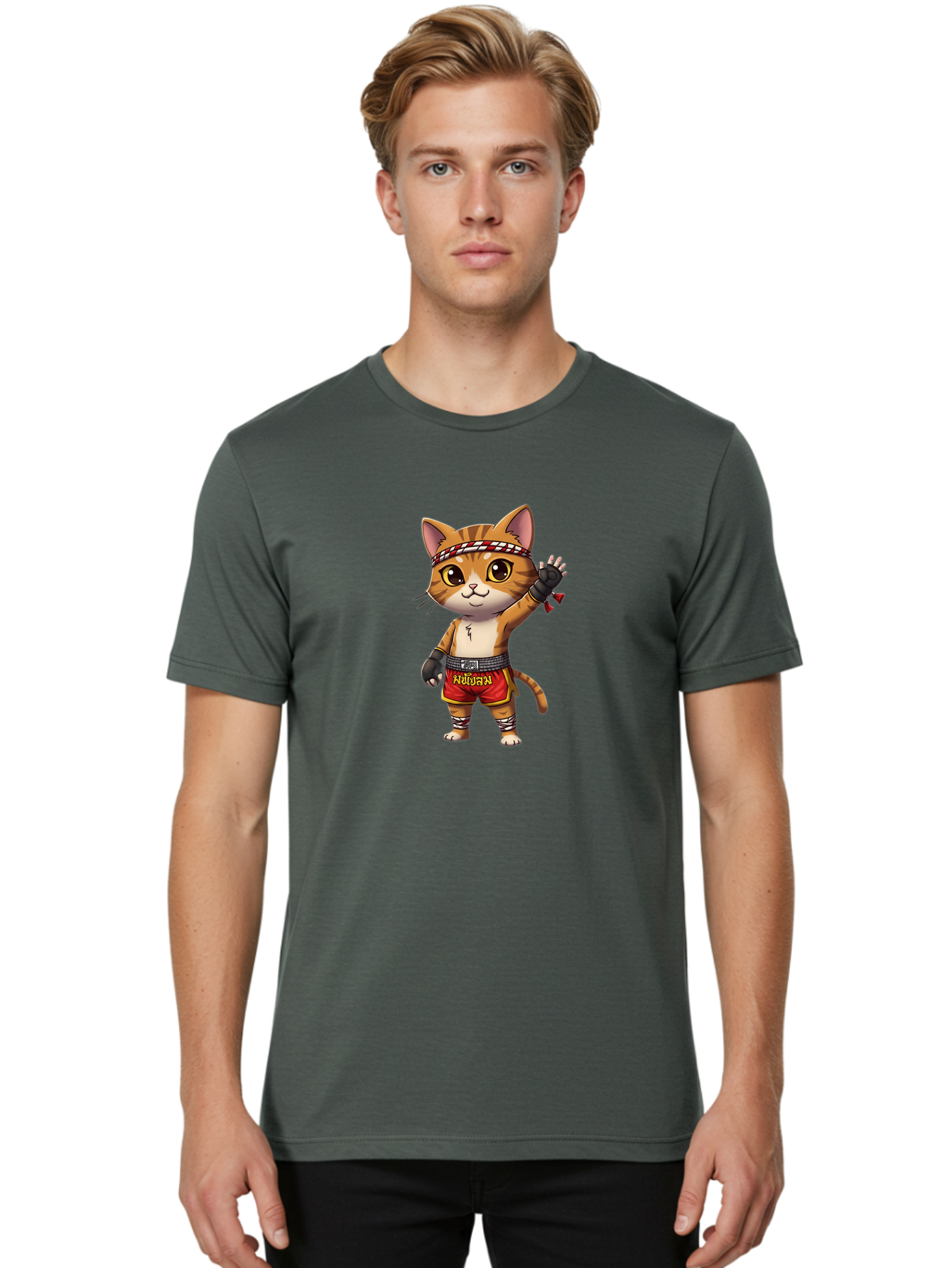 Muay-Thai-Cat-7 Men'S Graphic Tee, 100% Cotton, Comfortable Casual Summer Wear, Machine Washable, Cartoon Cat, Muay Thai Fighter, Martial Arts, Red Shorts, Black Gloves, Headband, Muay Thai, Fighting Cat, Kawaii, Anime Style, Bae556