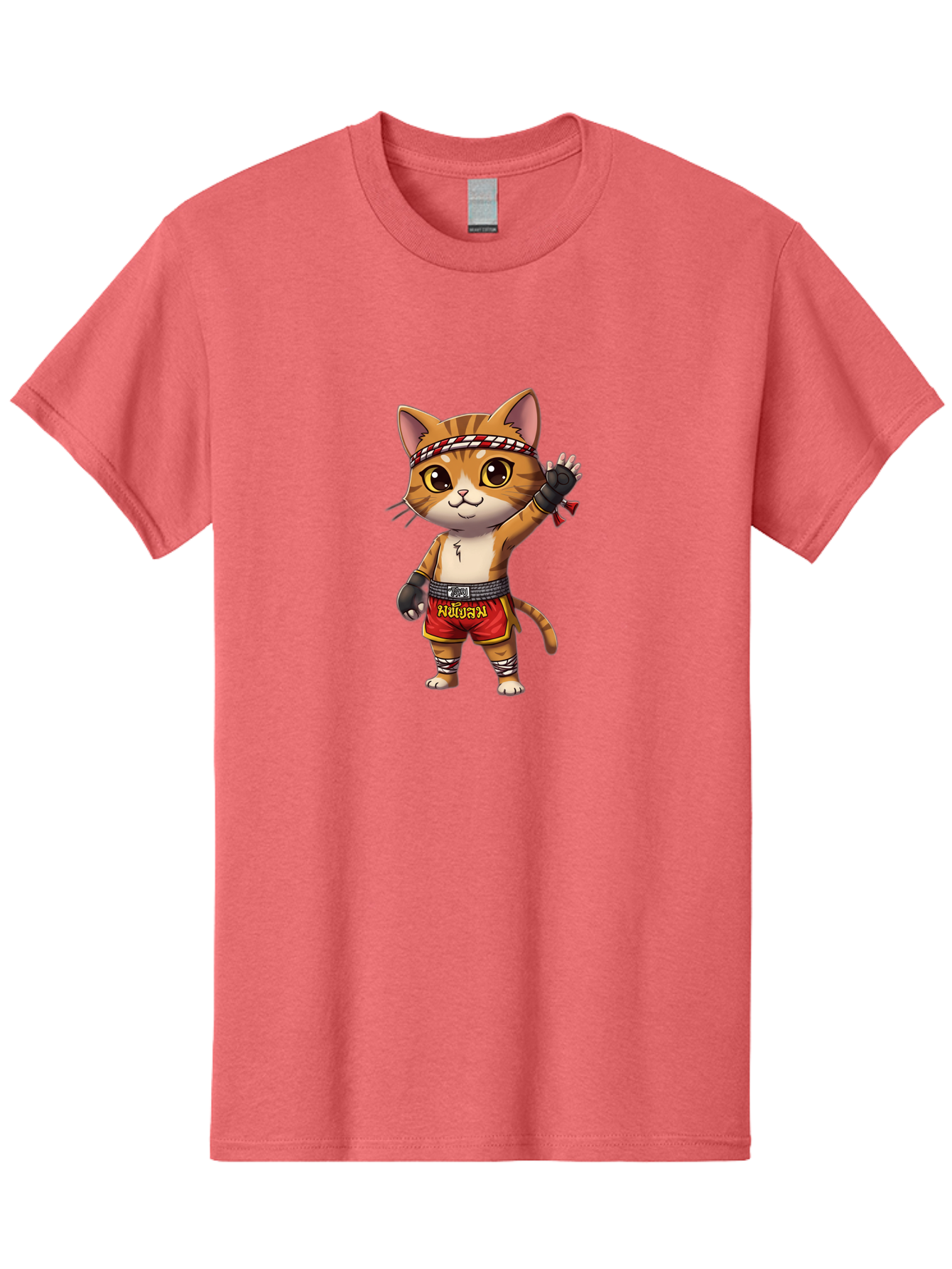 Muay-Thai-Cat-7 Men'S Graphic Tee, 100% Cotton, Comfortable Casual Summer Wear, Machine Washable, Cartoon Cat, Muay Thai Fighter, Martial Arts, Red Shorts, Black Gloves, Headband, Muay Thai, Fighting Cat, Kawaii, Anime Style, Bae556