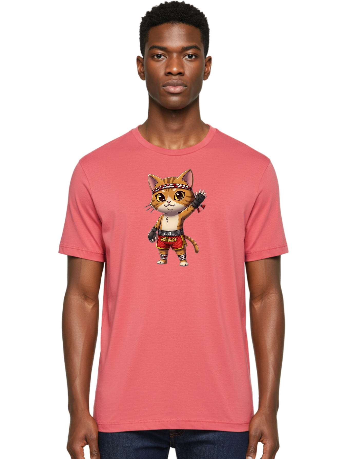 Muay-Thai-Cat-7 Men'S Graphic Tee, 100% Cotton, Comfortable Casual Summer Wear, Machine Washable, Cartoon Cat, Muay Thai Fighter, Martial Arts, Red Shorts, Black Gloves, Headband, Muay Thai, Fighting Cat, Kawaii, Anime Style, Bae556