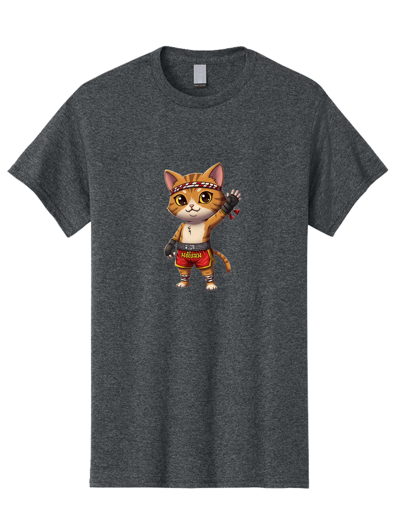 Muay-Thai-Cat-7 Men'S Graphic Tee, 100% Cotton, Comfortable Casual Summer Wear, Machine Washable, Cartoon Cat, Muay Thai Fighter, Martial Arts, Red Shorts, Black Gloves, Headband, Muay Thai, Fighting Cat, Kawaii, Anime Style, Bae556
