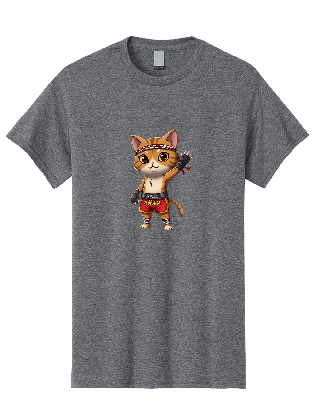 Muay-Thai-Cat-7 Men'S Graphic Tee, 100% Cotton, Comfortable Casual Summer Wear, Machine Washable, Cartoon Cat, Muay Thai Fighter, Martial Arts, Red Shorts, Black Gloves, Headband, Muay Thai, Fighting Cat, Kawaii, Anime Style, Bae556