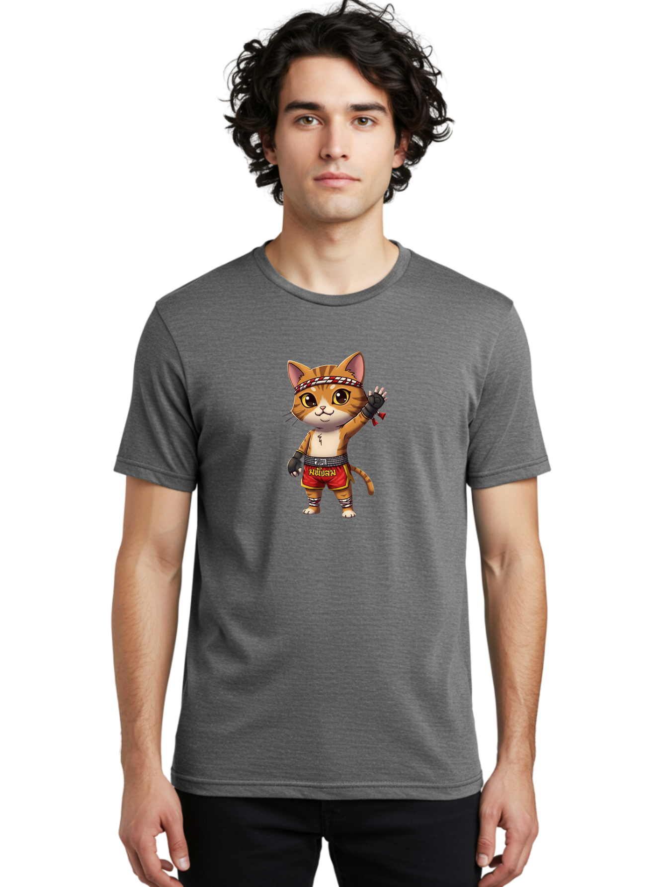 Muay-Thai-Cat-7 Men'S Graphic Tee, 100% Cotton, Comfortable Casual Summer Wear, Machine Washable, Cartoon Cat, Muay Thai Fighter, Martial Arts, Red Shorts, Black Gloves, Headband, Muay Thai, Fighting Cat, Kawaii, Anime Style, Bae556