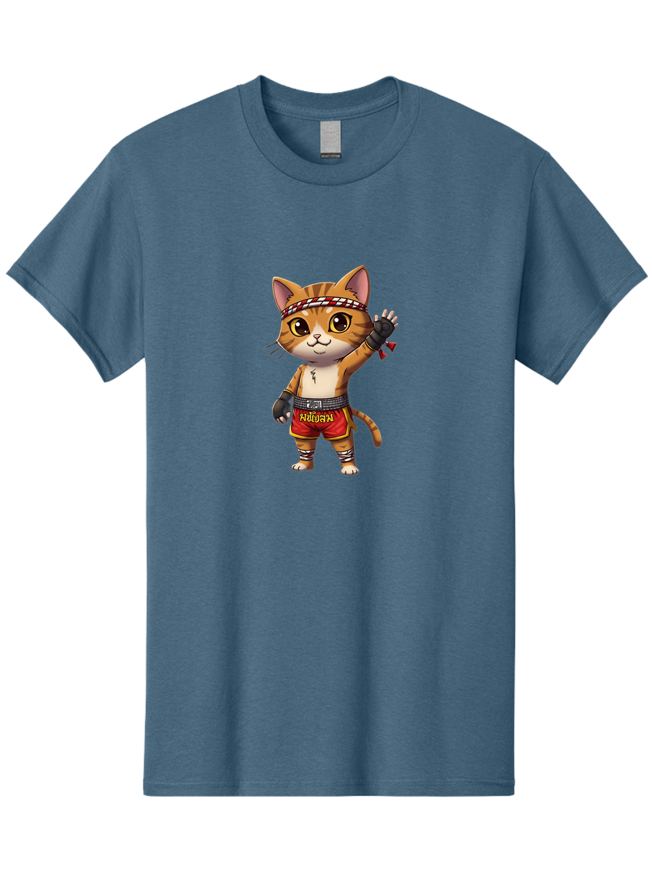 Muay-Thai-Cat-7 Men'S Graphic Tee, 100% Cotton, Comfortable Casual Summer Wear, Machine Washable, Cartoon Cat, Muay Thai Fighter, Martial Arts, Red Shorts, Black Gloves, Headband, Muay Thai, Fighting Cat, Kawaii, Anime Style, Bae556