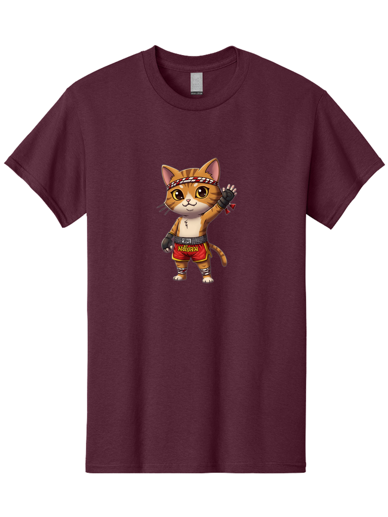 Muay-Thai-Cat-7 Men'S Graphic Tee, 100% Cotton, Comfortable Casual Summer Wear, Machine Washable, Cartoon Cat, Muay Thai Fighter, Martial Arts, Red Shorts, Black Gloves, Headband, Muay Thai, Fighting Cat, Kawaii, Anime Style, Bae556