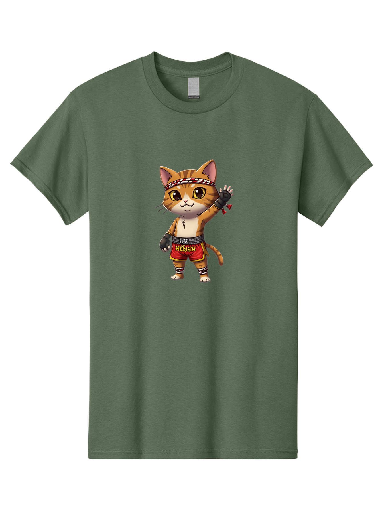 Muay-Thai-Cat-7 Men'S Graphic Tee, 100% Cotton, Comfortable Casual Summer Wear, Machine Washable, Cartoon Cat, Muay Thai Fighter, Martial Arts, Red Shorts, Black Gloves, Headband, Muay Thai, Fighting Cat, Kawaii, Anime Style, Bae556