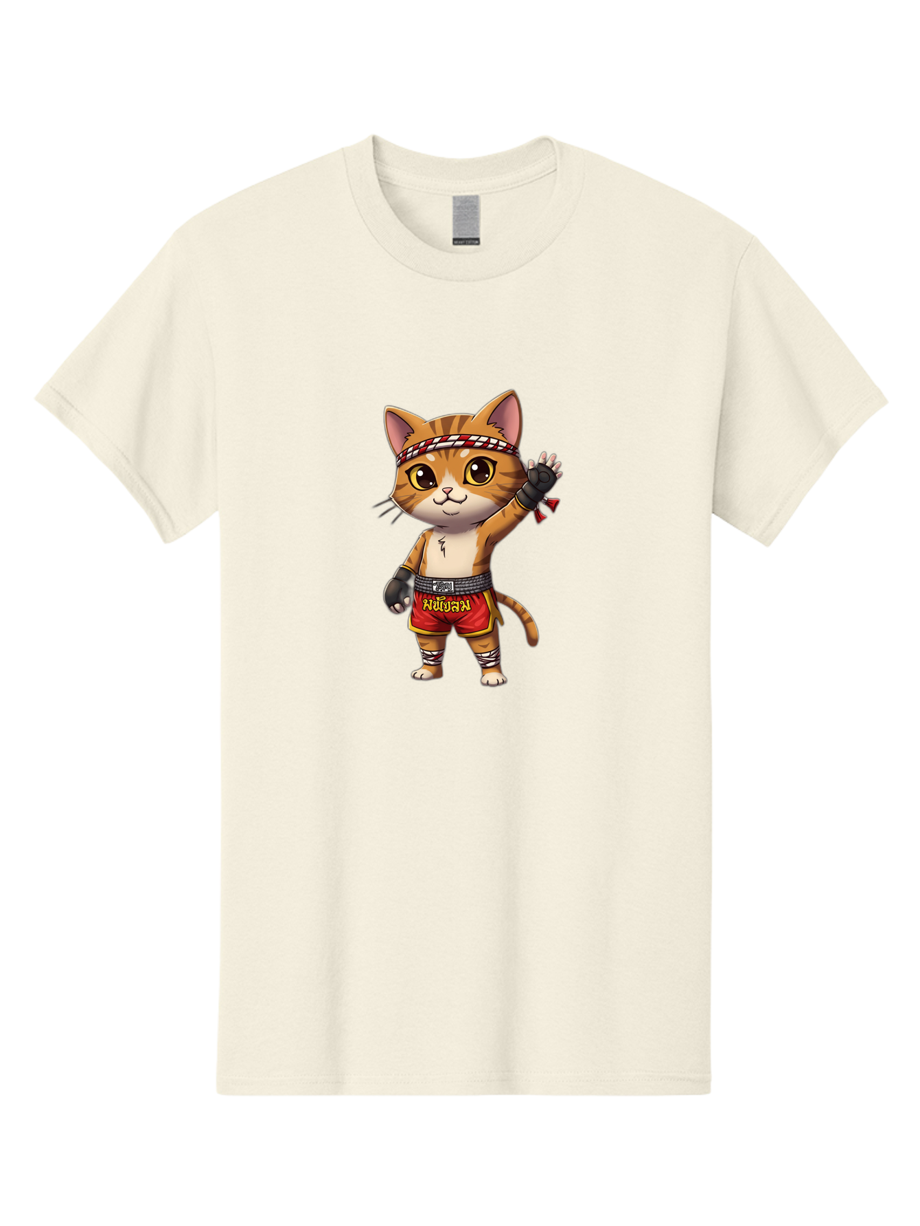 Muay-Thai-Cat-7 Men'S Graphic Tee, 100% Cotton, Comfortable Casual Summer Wear, Machine Washable, Cartoon Cat, Muay Thai Fighter, Martial Arts, Red Shorts, Black Gloves, Headband, Muay Thai, Fighting Cat, Kawaii, Anime Style, Bae556