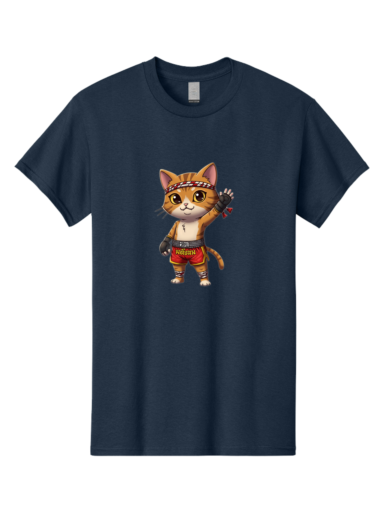 Muay-Thai-Cat-7 Men'S Graphic Tee, 100% Cotton, Comfortable Casual Summer Wear, Machine Washable, Cartoon Cat, Muay Thai Fighter, Martial Arts, Red Shorts, Black Gloves, Headband, Muay Thai, Fighting Cat, Kawaii, Anime Style, Bae556