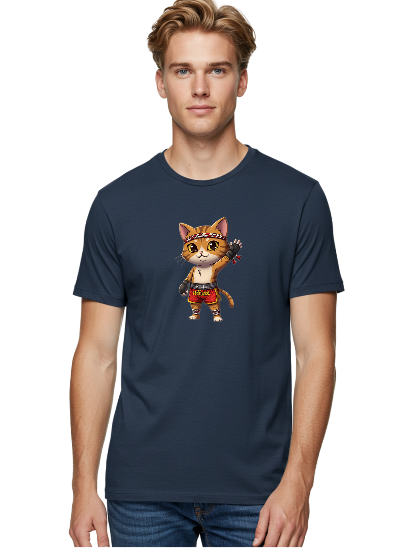 Muay-Thai-Cat-7 Men'S Graphic Tee, 100% Cotton, Comfortable Casual Summer Wear, Machine Washable, Cartoon Cat, Muay Thai Fighter, Martial Arts, Red Shorts, Black Gloves, Headband, Muay Thai, Fighting Cat, Kawaii, Anime Style, Bae556