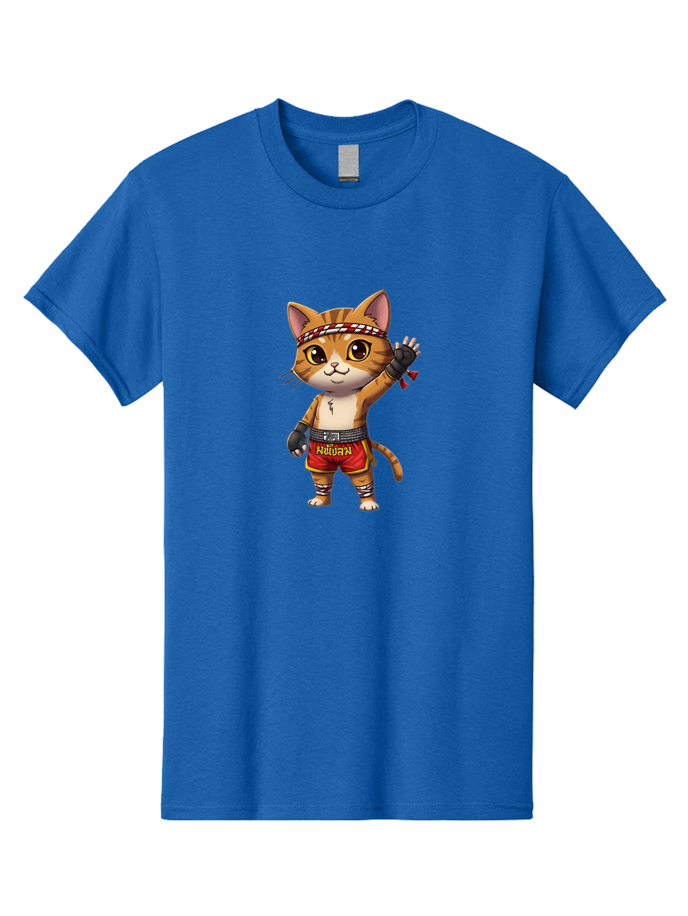 Muay-Thai-Cat-7 Men'S Graphic Tee, 100% Cotton, Comfortable Casual Summer Wear, Machine Washable, Cartoon Cat, Muay Thai Fighter, Martial Arts, Red Shorts, Black Gloves, Headband, Muay Thai, Fighting Cat, Kawaii, Anime Style, Bae556