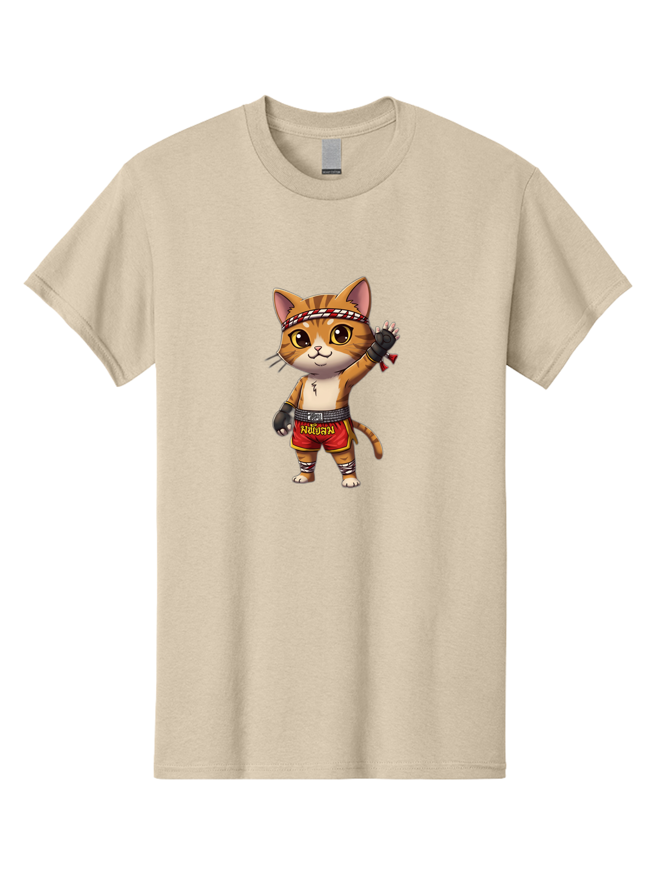 Muay-Thai-Cat-7 Men'S Graphic Tee, 100% Cotton, Comfortable Casual Summer Wear, Machine Washable, Cartoon Cat, Muay Thai Fighter, Martial Arts, Red Shorts, Black Gloves, Headband, Muay Thai, Fighting Cat, Kawaii, Anime Style, Bae556