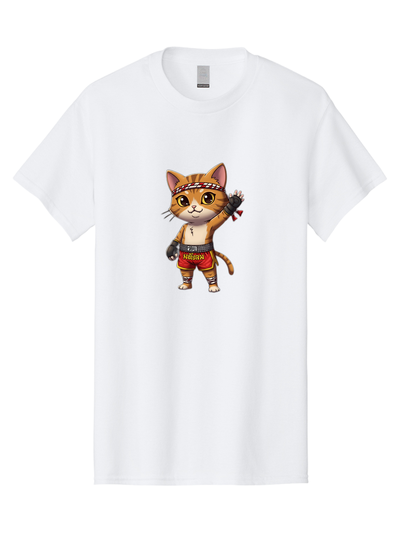 Muay-Thai-Cat-7 Men'S Graphic Tee, 100% Cotton, Comfortable Casual Summer Wear, Machine Washable, Cartoon Cat, Muay Thai Fighter, Martial Arts, Red Shorts, Black Gloves, Headband, Muay Thai, Fighting Cat, Kawaii, Anime Style, Bae556