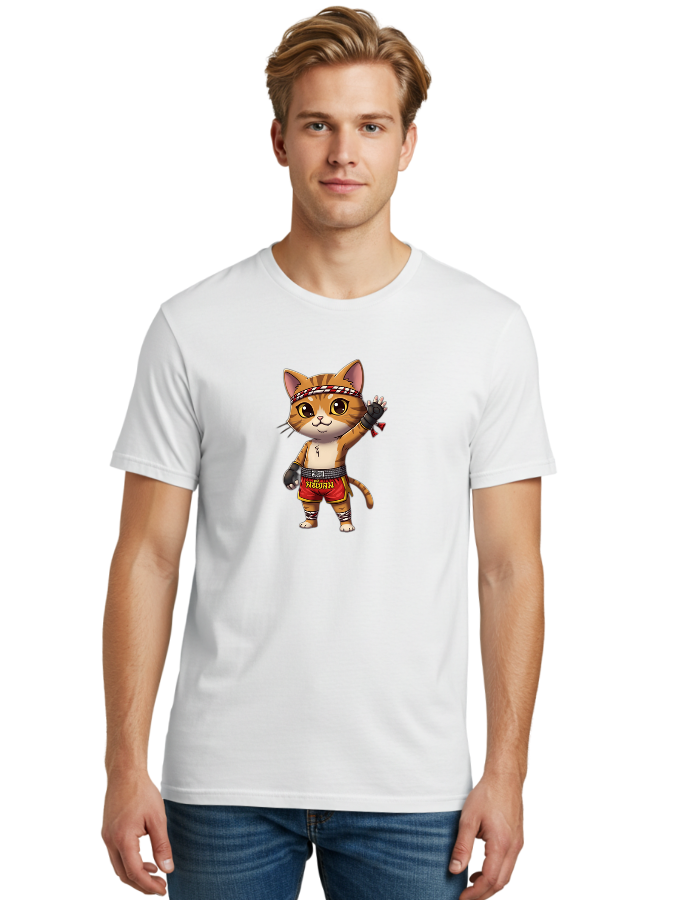 Muay-Thai-Cat-7 Men'S Graphic Tee, 100% Cotton, Comfortable Casual Summer Wear, Machine Washable, Cartoon Cat, Muay Thai Fighter, Martial Arts, Red Shorts, Black Gloves, Headband, Muay Thai, Fighting Cat, Kawaii, Anime Style, Bae556