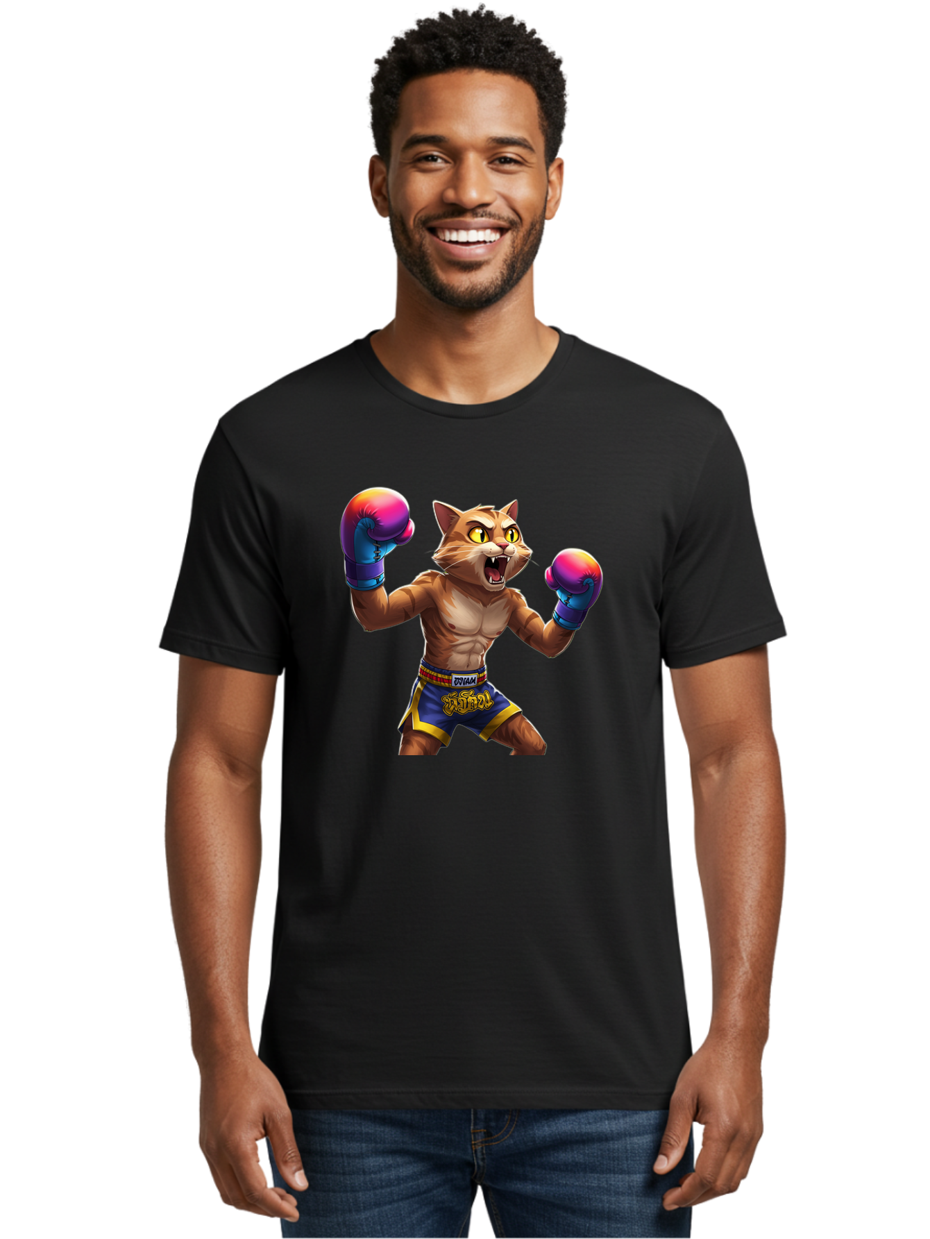 Muay-Thai-Cat-8 Men'S Graphic Tee, 100% Cotton, Comfortable Casual Summer Wear, Machine Washable, Cartoon Cat, Muay Thai Fighter, Boxing Gloves, Blue Shorts, Strong Muscles, Aggressive Stance, Fighting Pose, Cartoon Character, Muay Thai, Bae557