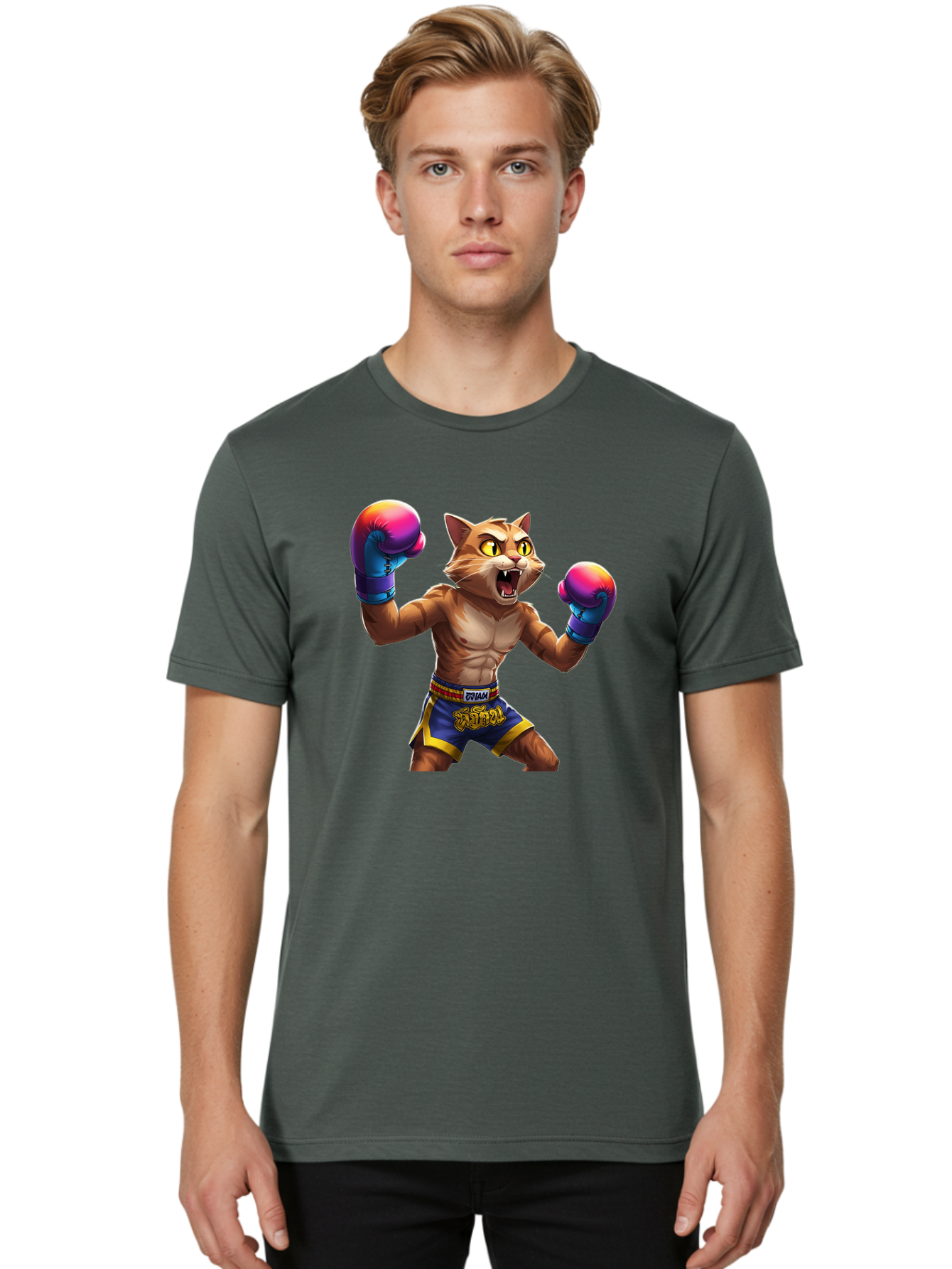 Muay-Thai-Cat-8 Men'S Graphic Tee, 100% Cotton, Comfortable Casual Summer Wear, Machine Washable, Cartoon Cat, Muay Thai Fighter, Boxing Gloves, Blue Shorts, Strong Muscles, Aggressive Stance, Fighting Pose, Cartoon Character, Muay Thai, Bae557