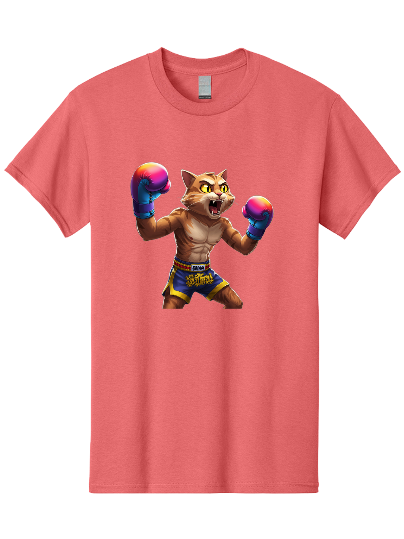 Muay-Thai-Cat-8 Men'S Graphic Tee, 100% Cotton, Comfortable Casual Summer Wear, Machine Washable, Cartoon Cat, Muay Thai Fighter, Boxing Gloves, Blue Shorts, Strong Muscles, Aggressive Stance, Fighting Pose, Cartoon Character, Muay Thai, Bae557