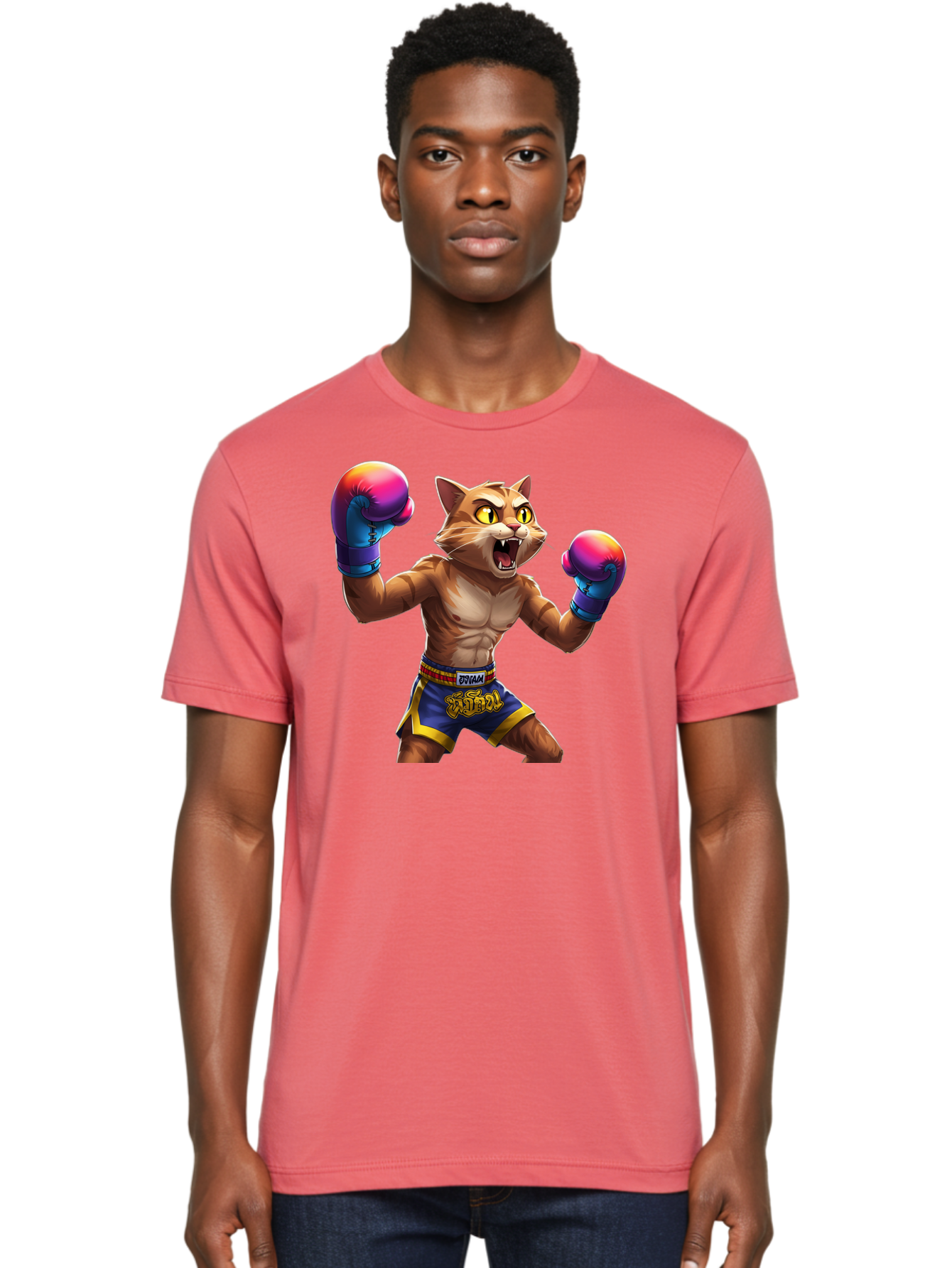 Muay-Thai-Cat-8 Men'S Graphic Tee, 100% Cotton, Comfortable Casual Summer Wear, Machine Washable, Cartoon Cat, Muay Thai Fighter, Boxing Gloves, Blue Shorts, Strong Muscles, Aggressive Stance, Fighting Pose, Cartoon Character, Muay Thai, Bae557