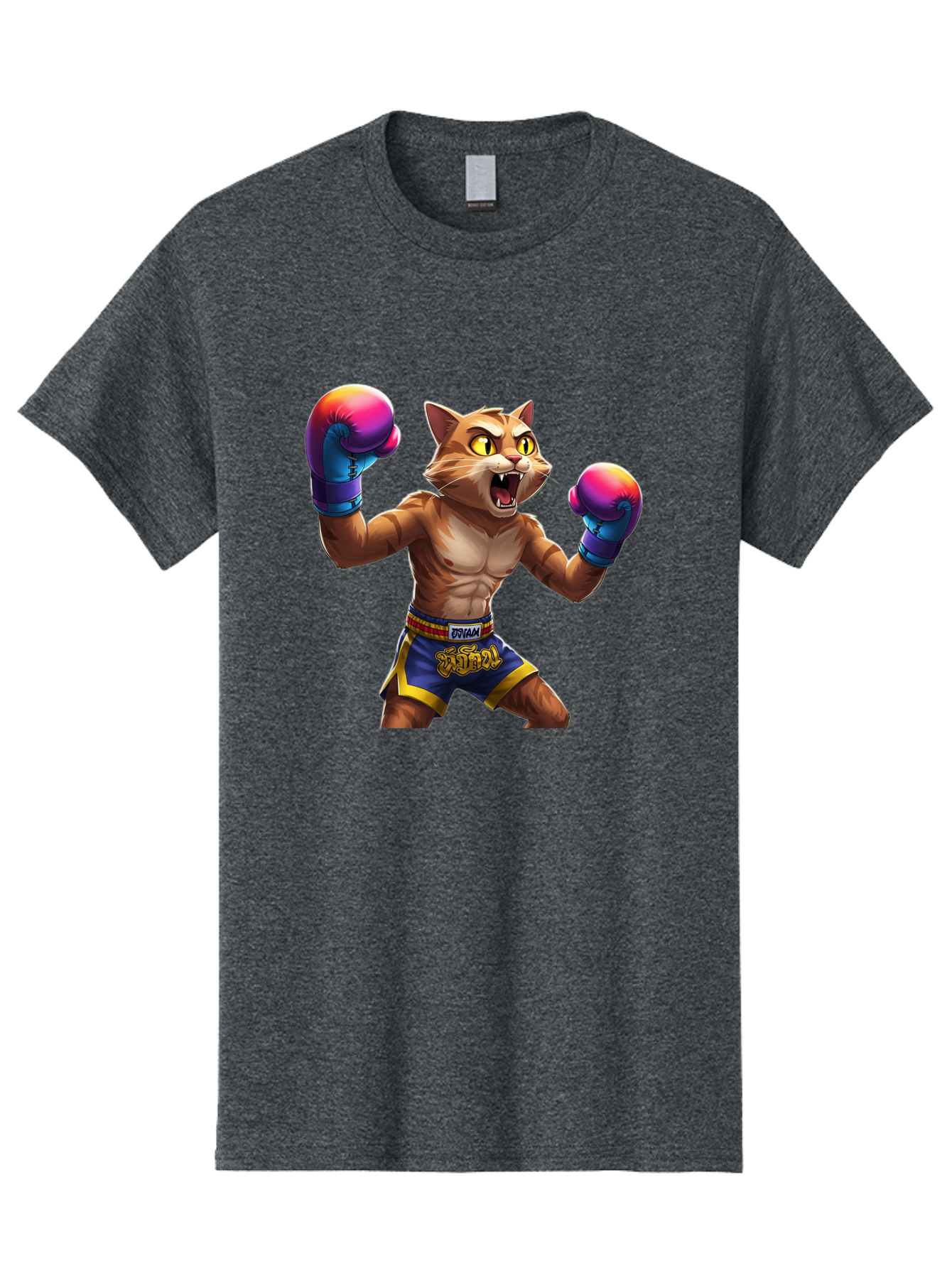 Muay-Thai-Cat-8 Men'S Graphic Tee, 100% Cotton, Comfortable Casual Summer Wear, Machine Washable, Cartoon Cat, Muay Thai Fighter, Boxing Gloves, Blue Shorts, Strong Muscles, Aggressive Stance, Fighting Pose, Cartoon Character, Muay Thai, Bae557