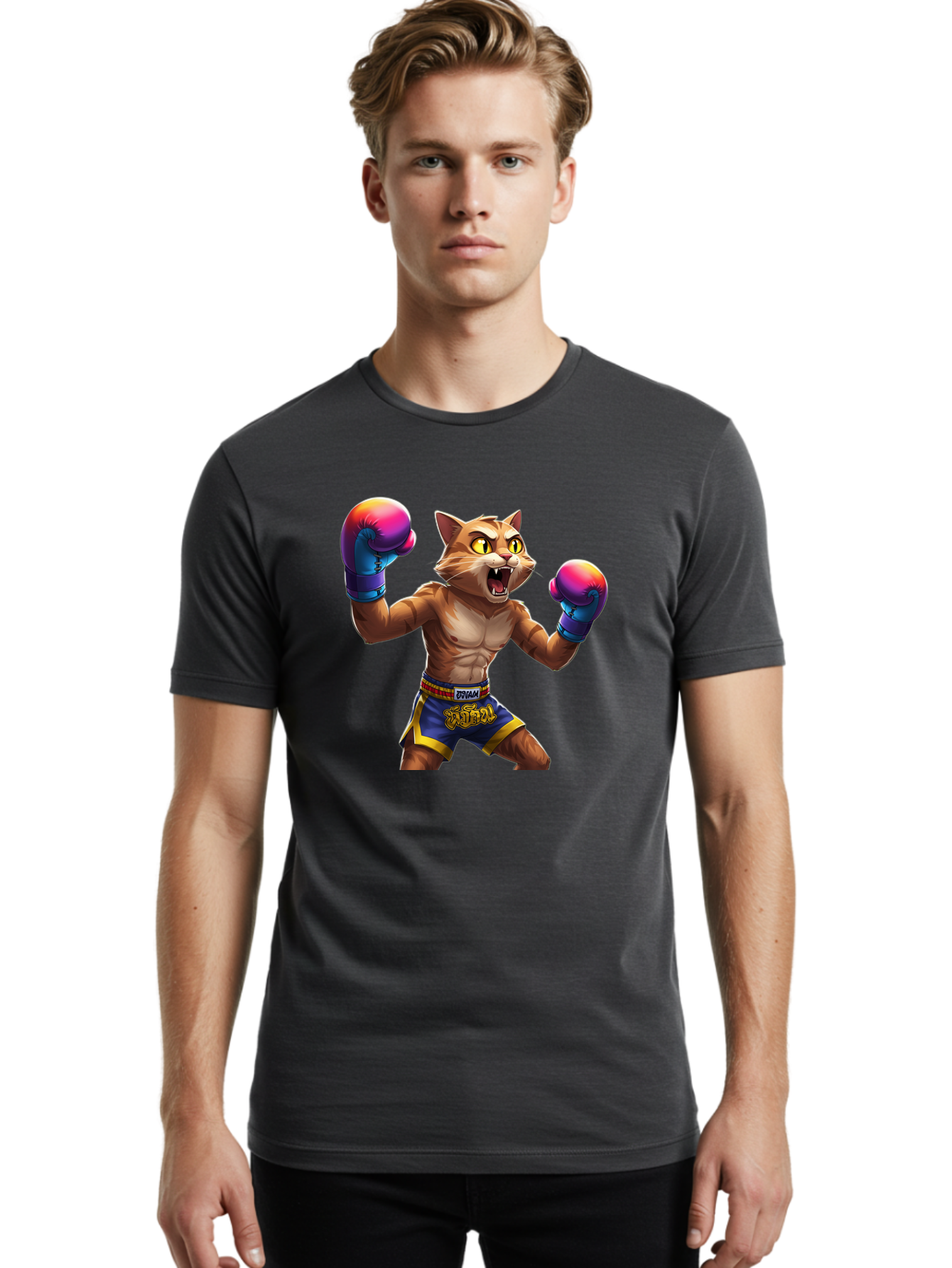 Muay-Thai-Cat-8 Men'S Graphic Tee, 100% Cotton, Comfortable Casual Summer Wear, Machine Washable, Cartoon Cat, Muay Thai Fighter, Boxing Gloves, Blue Shorts, Strong Muscles, Aggressive Stance, Fighting Pose, Cartoon Character, Muay Thai, Bae557