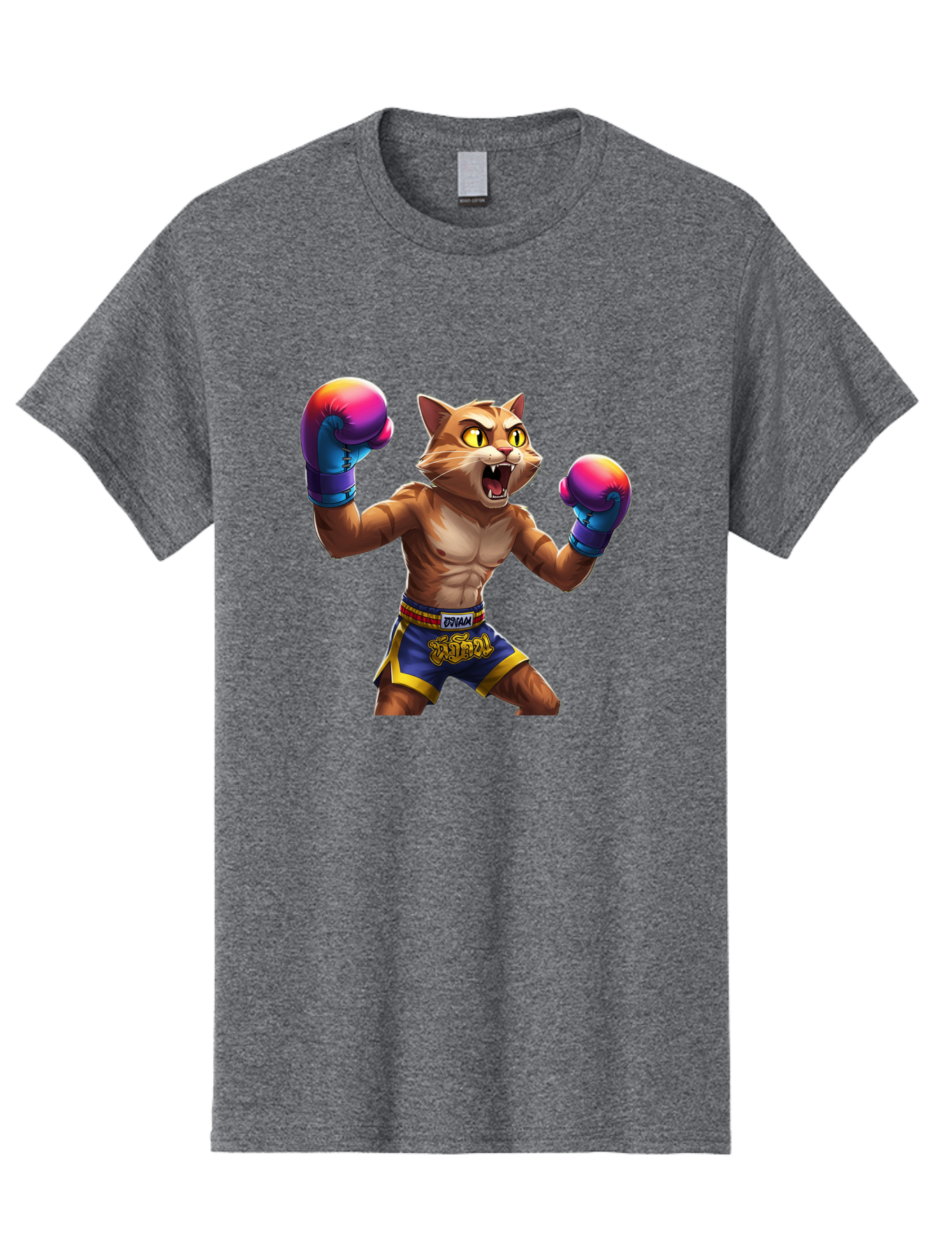 Muay-Thai-Cat-8 Men'S Graphic Tee, 100% Cotton, Comfortable Casual Summer Wear, Machine Washable, Cartoon Cat, Muay Thai Fighter, Boxing Gloves, Blue Shorts, Strong Muscles, Aggressive Stance, Fighting Pose, Cartoon Character, Muay Thai, Bae557