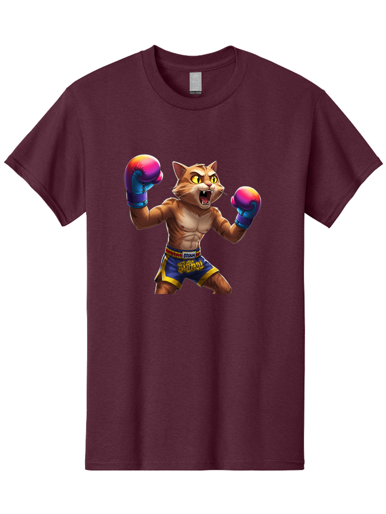 Muay-Thai-Cat-8 Men'S Graphic Tee, 100% Cotton, Comfortable Casual Summer Wear, Machine Washable, Cartoon Cat, Muay Thai Fighter, Boxing Gloves, Blue Shorts, Strong Muscles, Aggressive Stance, Fighting Pose, Cartoon Character, Muay Thai, Bae557