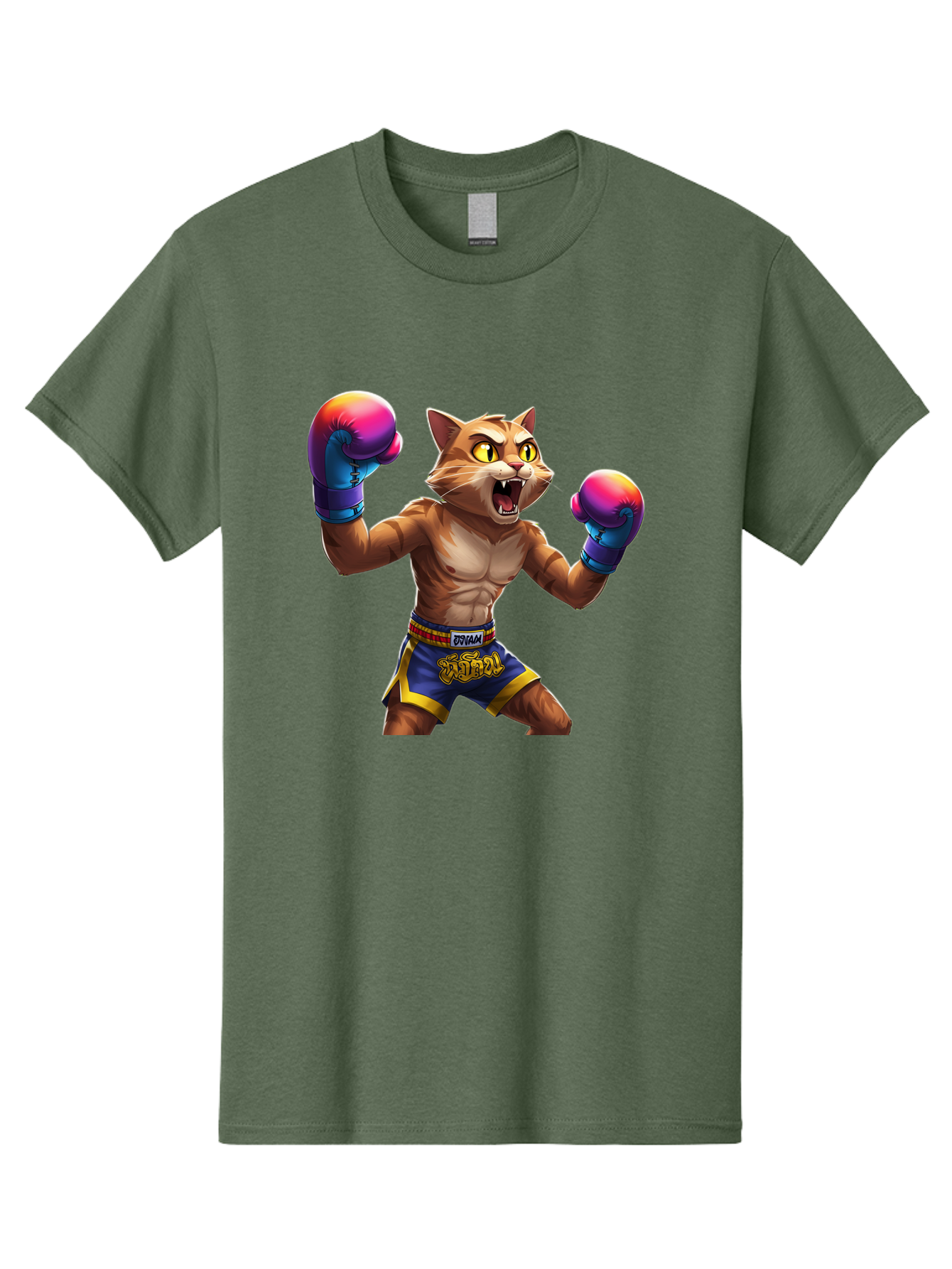 Muay-Thai-Cat-8 Men'S Graphic Tee, 100% Cotton, Comfortable Casual Summer Wear, Machine Washable, Cartoon Cat, Muay Thai Fighter, Boxing Gloves, Blue Shorts, Strong Muscles, Aggressive Stance, Fighting Pose, Cartoon Character, Muay Thai, Bae557