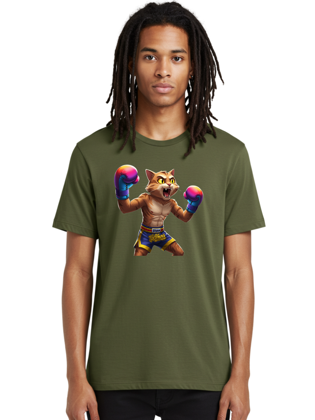 Muay-Thai-Cat-8 Men'S Graphic Tee, 100% Cotton, Comfortable Casual Summer Wear, Machine Washable, Cartoon Cat, Muay Thai Fighter, Boxing Gloves, Blue Shorts, Strong Muscles, Aggressive Stance, Fighting Pose, Cartoon Character, Muay Thai, Bae557