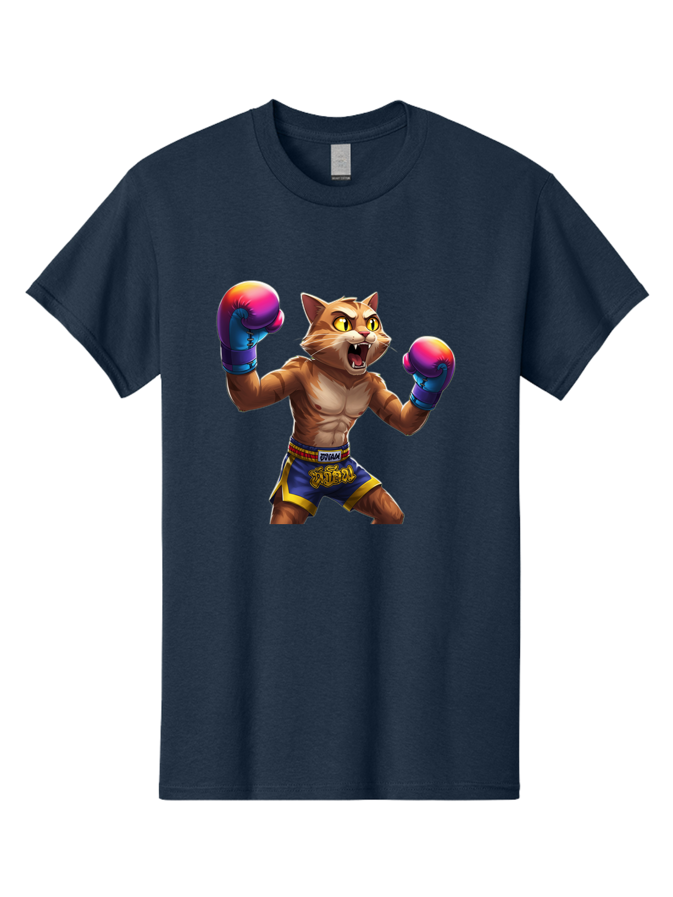 Muay-Thai-Cat-8 Men'S Graphic Tee, 100% Cotton, Comfortable Casual Summer Wear, Machine Washable, Cartoon Cat, Muay Thai Fighter, Boxing Gloves, Blue Shorts, Strong Muscles, Aggressive Stance, Fighting Pose, Cartoon Character, Muay Thai, Bae557