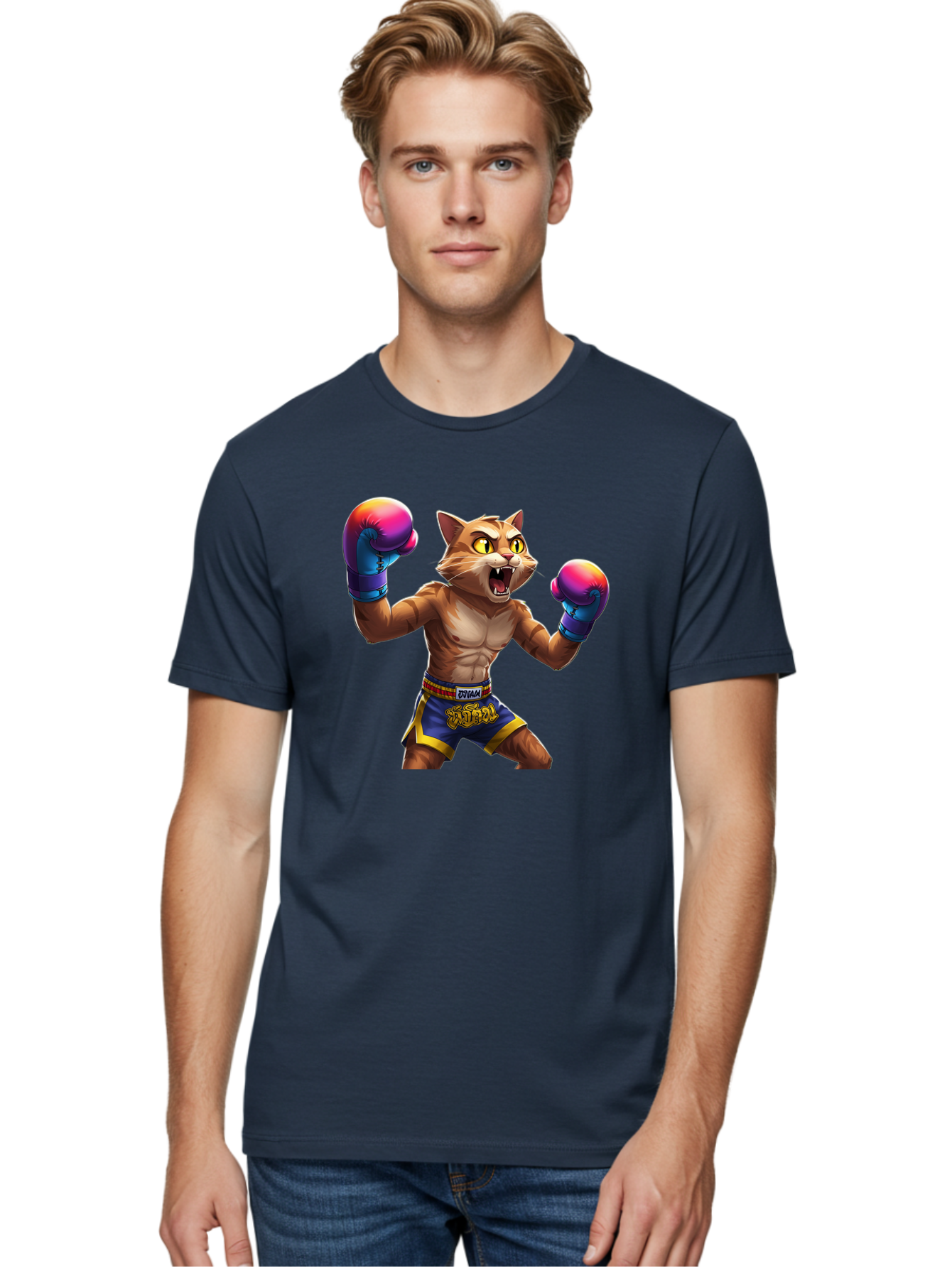 Muay-Thai-Cat-8 Men'S Graphic Tee, 100% Cotton, Comfortable Casual Summer Wear, Machine Washable, Cartoon Cat, Muay Thai Fighter, Boxing Gloves, Blue Shorts, Strong Muscles, Aggressive Stance, Fighting Pose, Cartoon Character, Muay Thai, Bae557