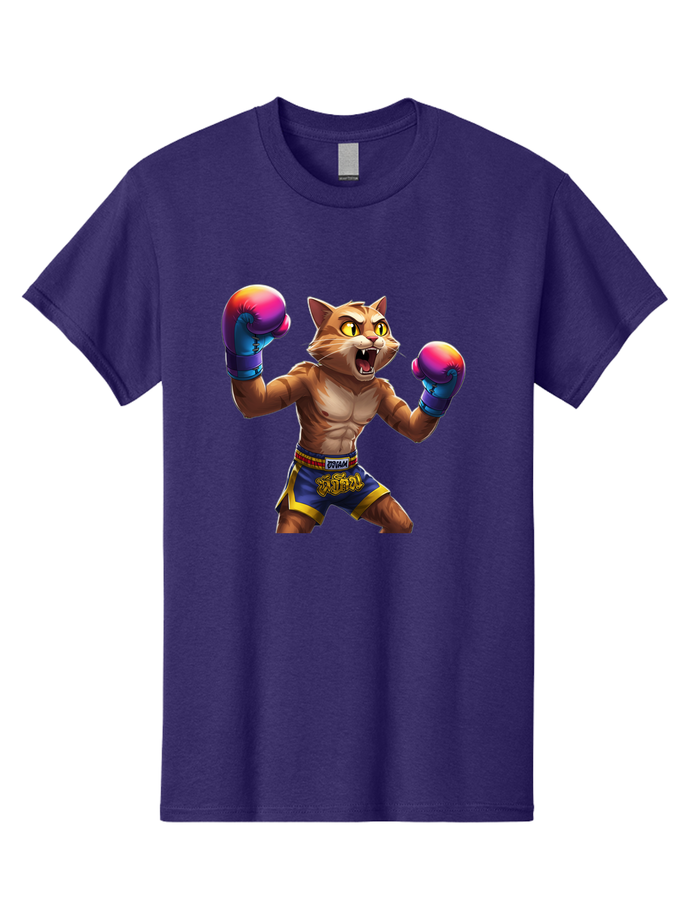Muay-Thai-Cat-8 Men'S Graphic Tee, 100% Cotton, Comfortable Casual Summer Wear, Machine Washable, Cartoon Cat, Muay Thai Fighter, Boxing Gloves, Blue Shorts, Strong Muscles, Aggressive Stance, Fighting Pose, Cartoon Character, Muay Thai, Bae557