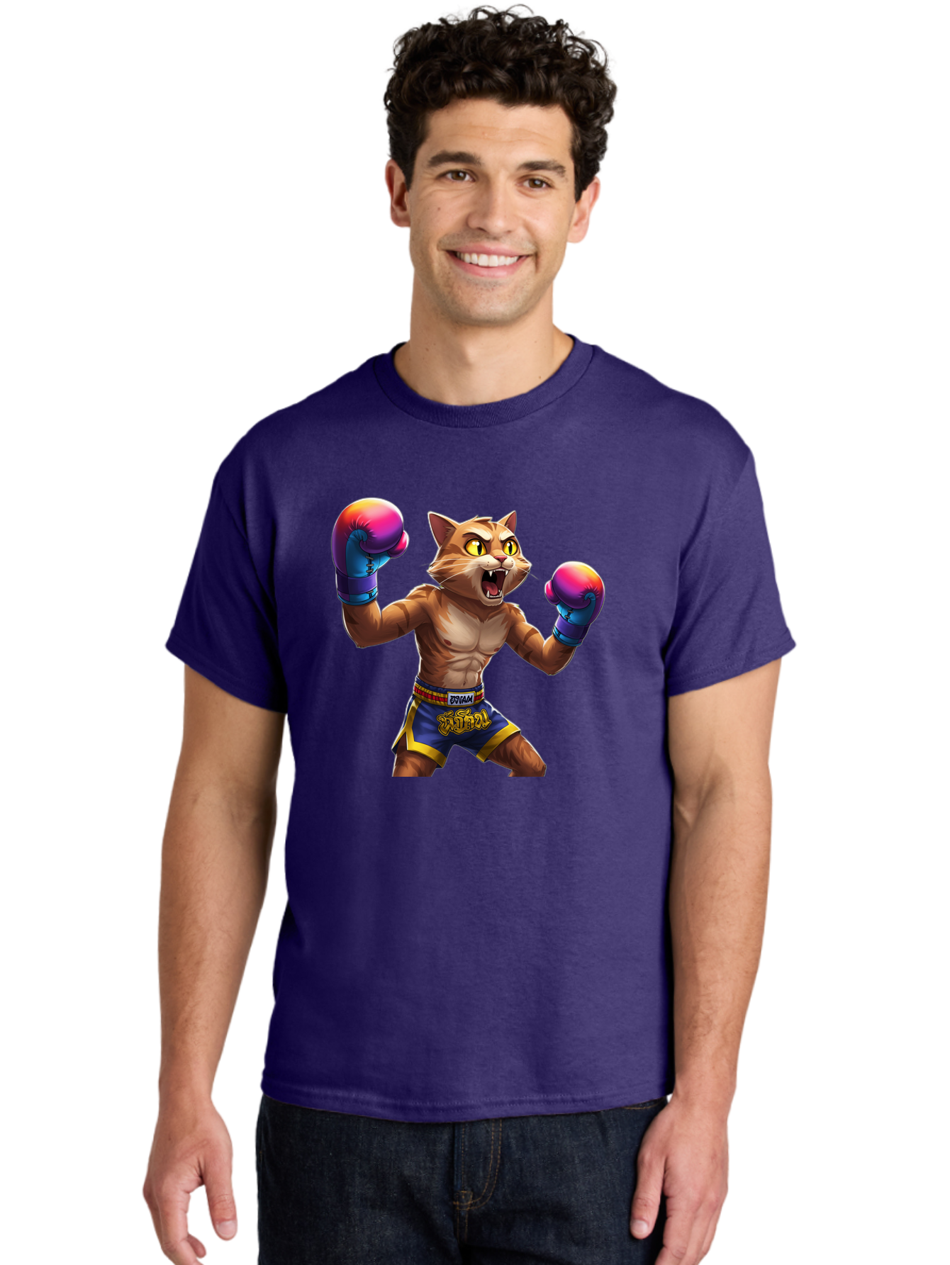 Muay-Thai-Cat-8 Men'S Graphic Tee, 100% Cotton, Comfortable Casual Summer Wear, Machine Washable, Cartoon Cat, Muay Thai Fighter, Boxing Gloves, Blue Shorts, Strong Muscles, Aggressive Stance, Fighting Pose, Cartoon Character, Muay Thai, Bae557