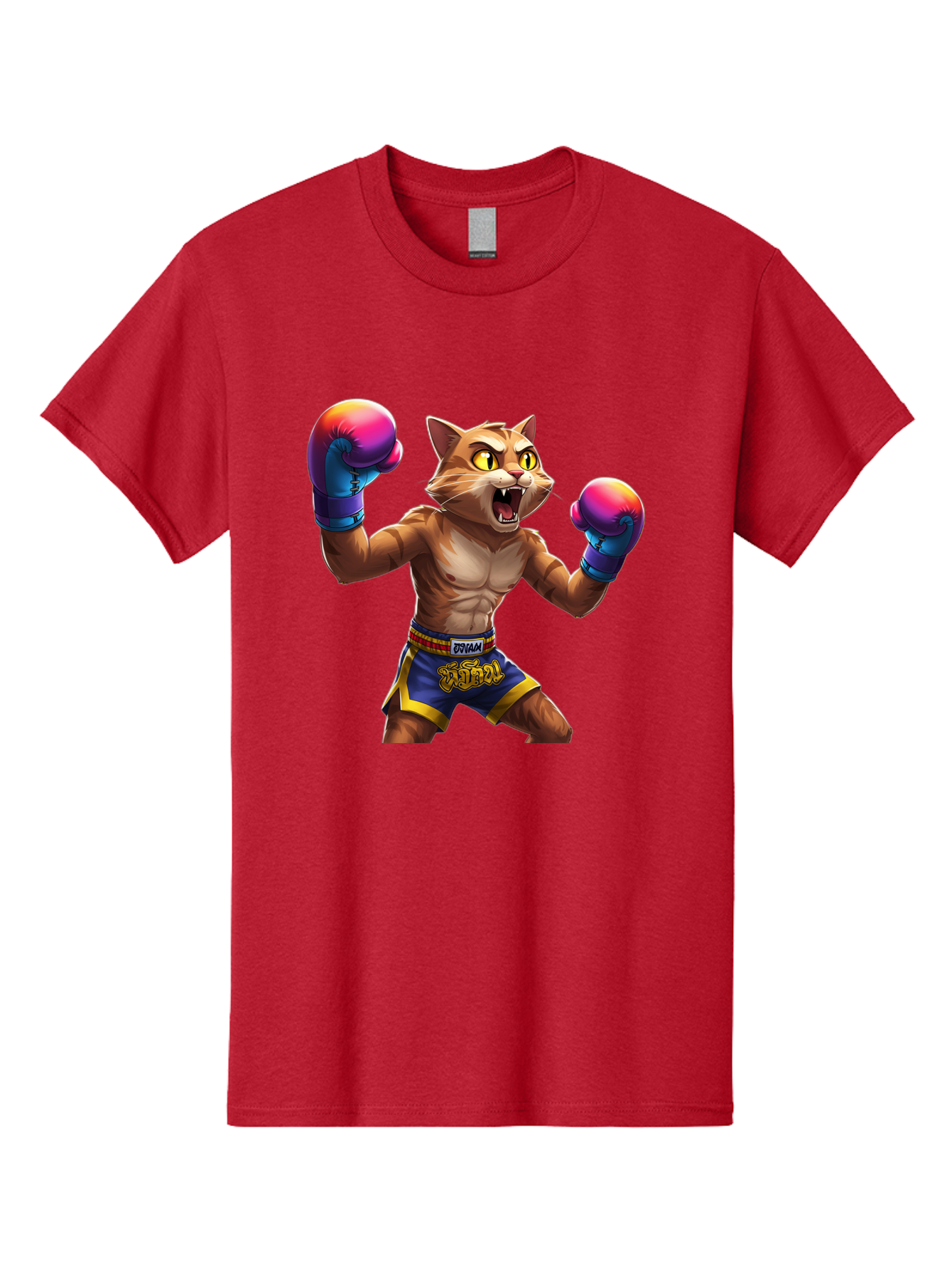 Muay-Thai-Cat-8 Men'S Graphic Tee, 100% Cotton, Comfortable Casual Summer Wear, Machine Washable, Cartoon Cat, Muay Thai Fighter, Boxing Gloves, Blue Shorts, Strong Muscles, Aggressive Stance, Fighting Pose, Cartoon Character, Muay Thai, Bae557