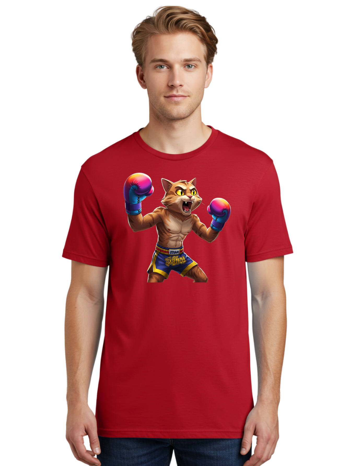 Muay-Thai-Cat-8 Men'S Graphic Tee, 100% Cotton, Comfortable Casual Summer Wear, Machine Washable, Cartoon Cat, Muay Thai Fighter, Boxing Gloves, Blue Shorts, Strong Muscles, Aggressive Stance, Fighting Pose, Cartoon Character, Muay Thai, Bae557