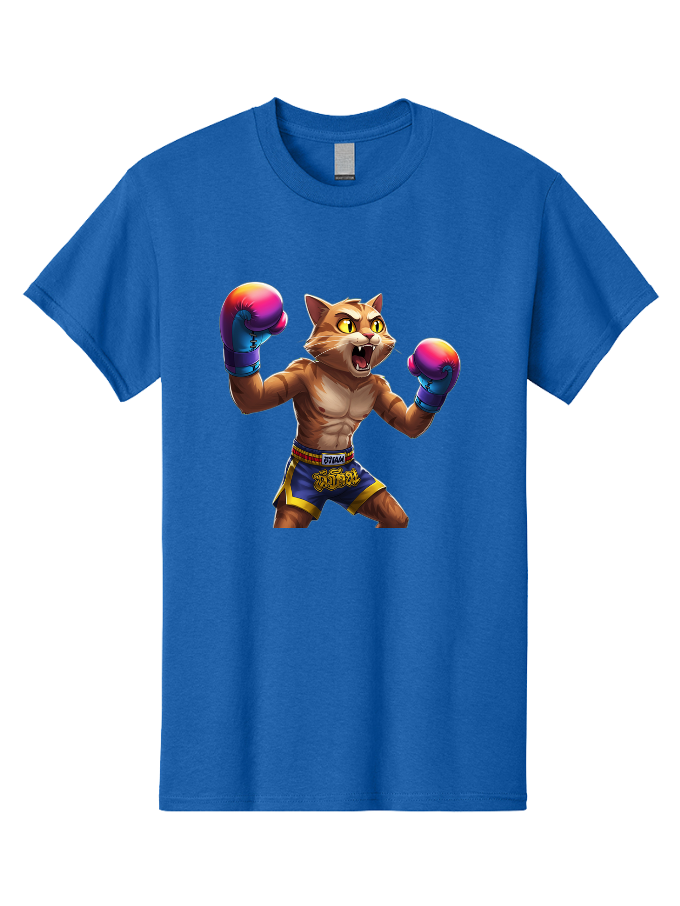 Muay-Thai-Cat-8 Men'S Graphic Tee, 100% Cotton, Comfortable Casual Summer Wear, Machine Washable, Cartoon Cat, Muay Thai Fighter, Boxing Gloves, Blue Shorts, Strong Muscles, Aggressive Stance, Fighting Pose, Cartoon Character, Muay Thai, Bae557