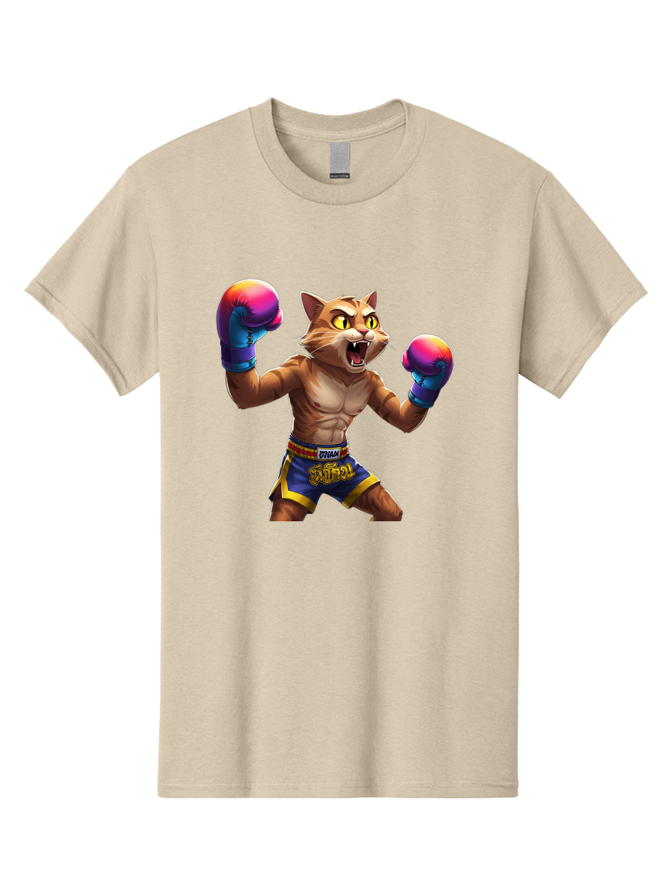 Muay-Thai-Cat-8 Men'S Graphic Tee, 100% Cotton, Comfortable Casual Summer Wear, Machine Washable, Cartoon Cat, Muay Thai Fighter, Boxing Gloves, Blue Shorts, Strong Muscles, Aggressive Stance, Fighting Pose, Cartoon Character, Muay Thai, Bae557