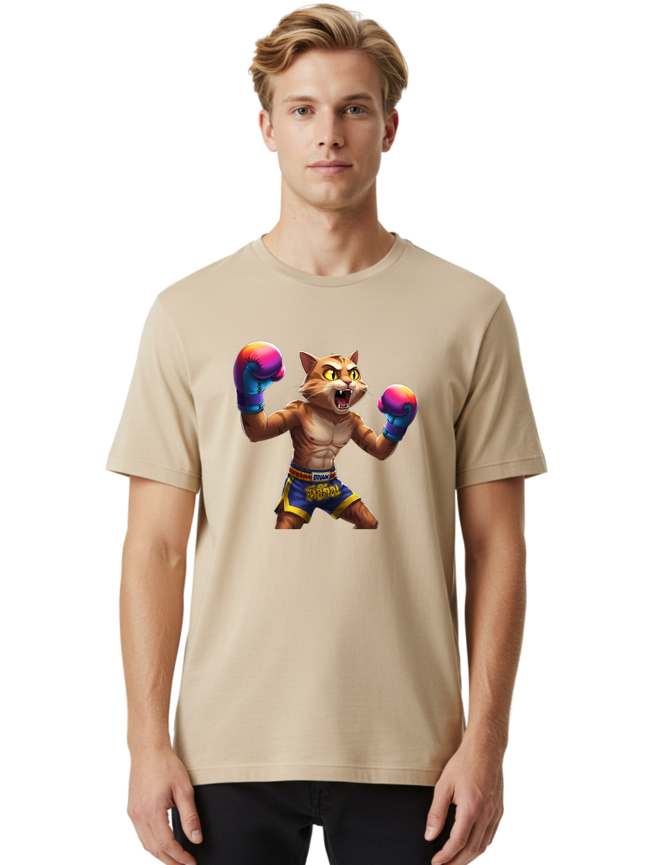 Muay-Thai-Cat-8 Men'S Graphic Tee, 100% Cotton, Comfortable Casual Summer Wear, Machine Washable, Cartoon Cat, Muay Thai Fighter, Boxing Gloves, Blue Shorts, Strong Muscles, Aggressive Stance, Fighting Pose, Cartoon Character, Muay Thai, Bae557